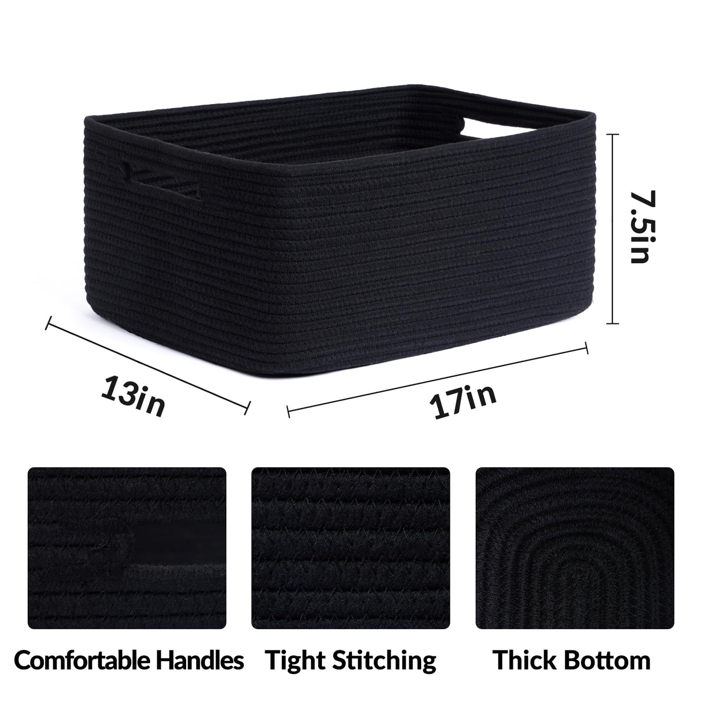 MiniArk Large Storage Baskets for Shelves, Closet Organizers Bins for Clothes Blanket Towels, Baby Nursery, Toy Baskets Box, Woven Rope Baskets, 17 x 13 x 7.5”, 2 Packs Black