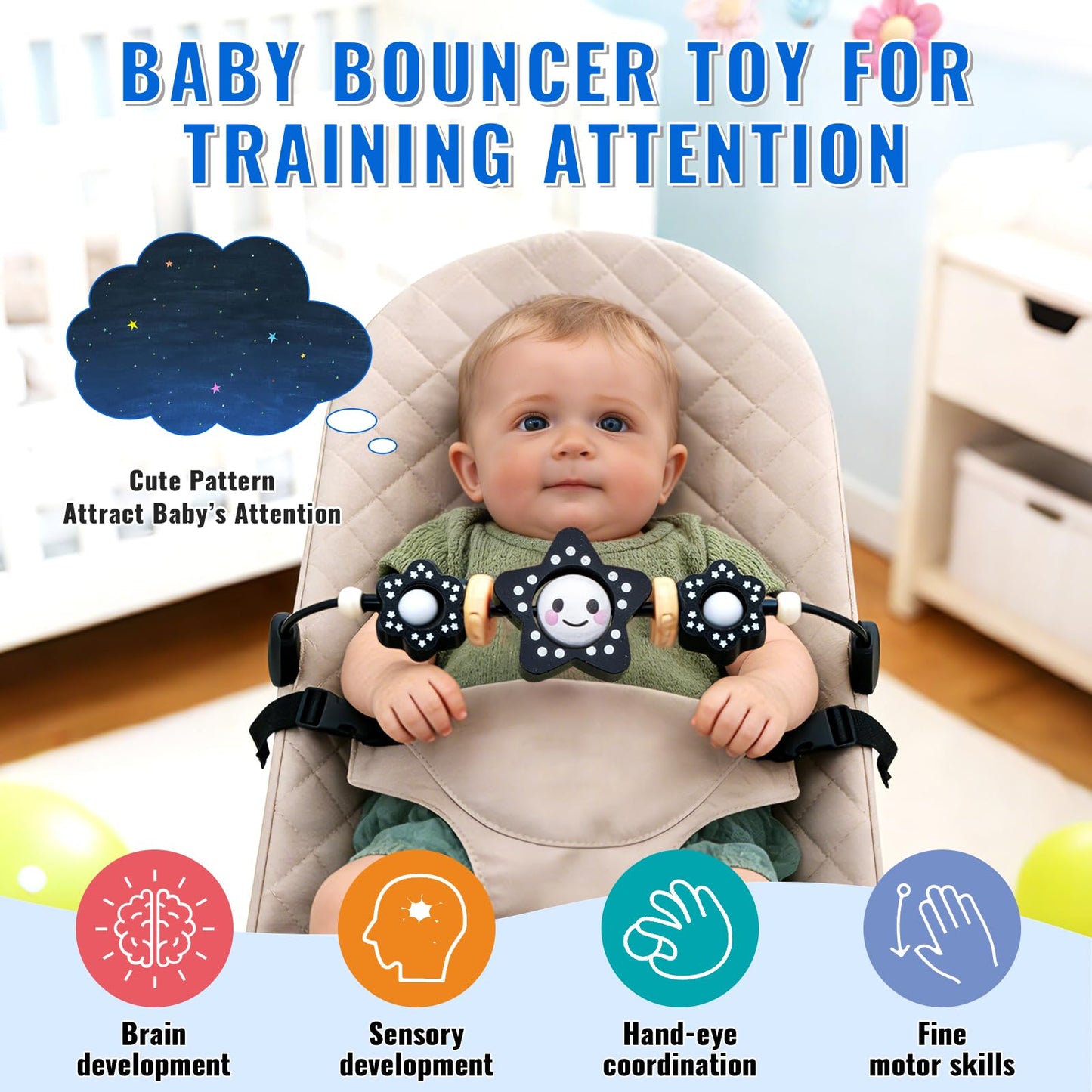 THE KENKYO Baby Bouncer Toy Bar Compatible with Baby Bjorn, Wooden Bouncer Toy Bar Attachment for Girls Boys, Funny Sensory Toy for Newborn to Toddler, Easy to Attach and Remove (Black)
