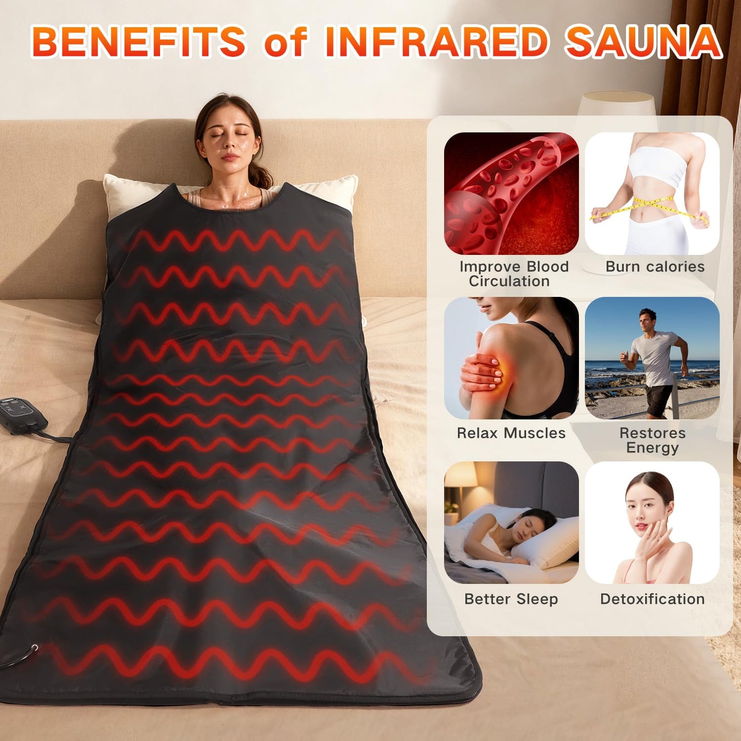 RRGFB Infrared Sauna Blanket for Home, Low EMF Carbon Crystal Heating, Portable Dry Sauna Bag for Relaxation, Detoxification, 5.9ft×2.6ft