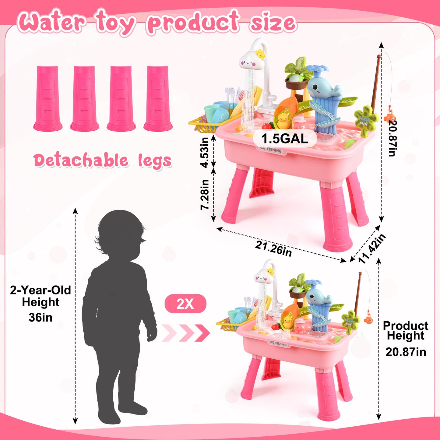 HUASHILUO Upgraded Water Table for Toddlers 1-3 with Electric Water Pump, Kids Water Table with Faucet, Play Food Accessories Fishing Toy, Kitchen Play Sink Toys for Girl Boy