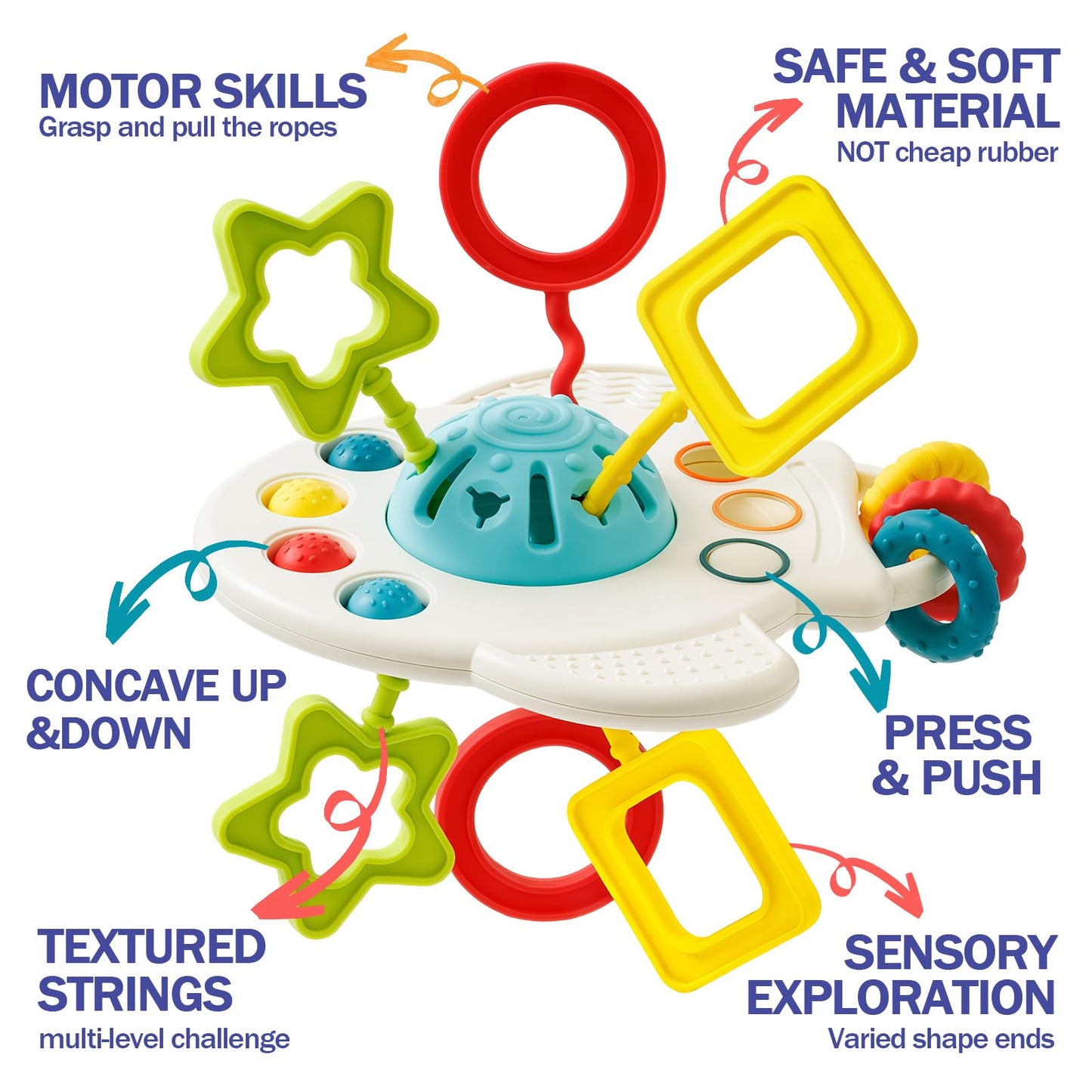 Baby Toys 6 to 12 Months, 5 In 1 Montessori Toys for 1 Year Old, Incl Travel Pull String Toy & Rattle Teether & Stacking Baby Block & Soft Infant Ring & Sensory Ball for Toddler 0-3-6-9-12 Month