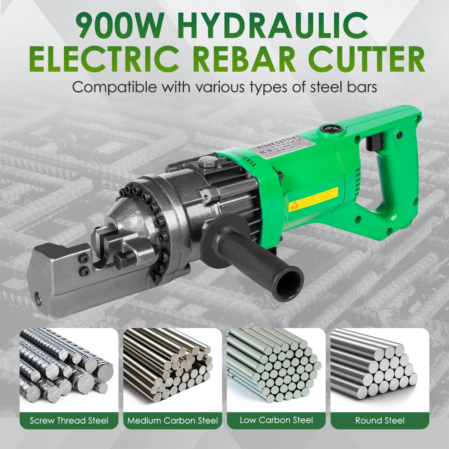 YIXBIZHU 900W Electric Hydraulic Rebar Cutter 4–16mm (#3–#5) Steel Bar in 1.5s, One‑Button Operation, Adjustable Bolt Jaw, 110V Portable Tool for Construction & Metalwork(RC-16)
