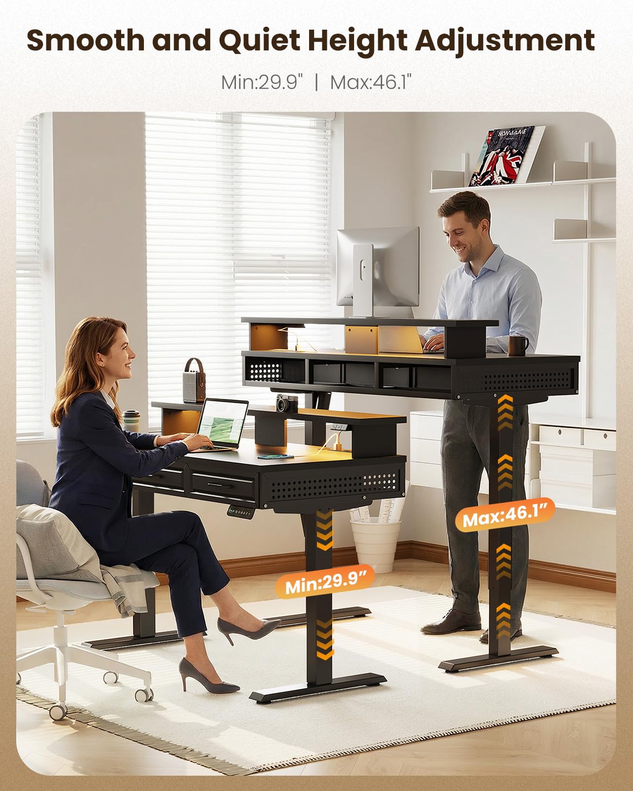 OffiGo Electric Standing Desk with 3 Wooden Drawers, 48 Inch Height Adjustable Desk with Power Outlets & LED Lights, Black Sit Stand Table with Monitor Stand for Home, Office, Workstation