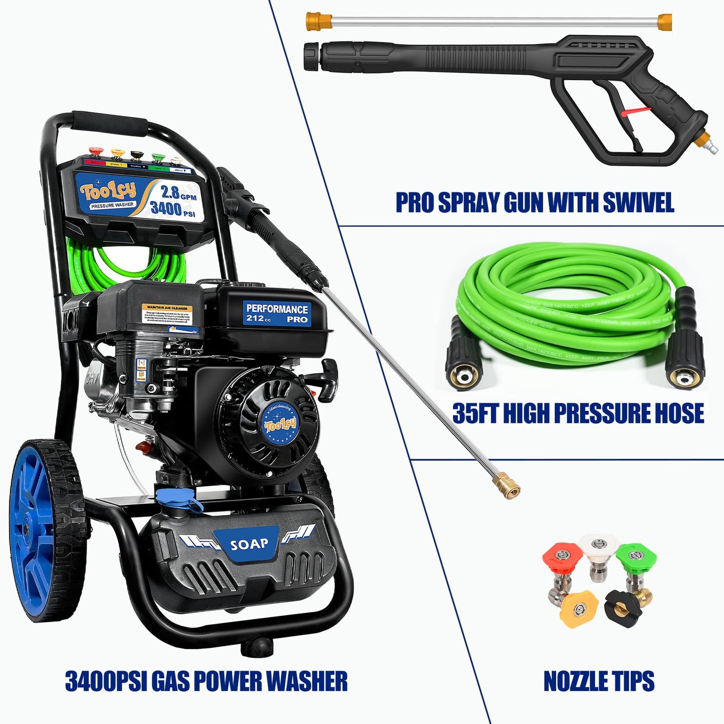 TOOLCY 3400 PSI Gas Pressure Washer, 2.8 GPM Gas Powered Power Washer with Soap Tank, Reinforced Pump & 212cc OHV Engine, 35 FT Pressure Hose, Quick Connect Swivel Pressure Gun, 5 Nozzles for Homes