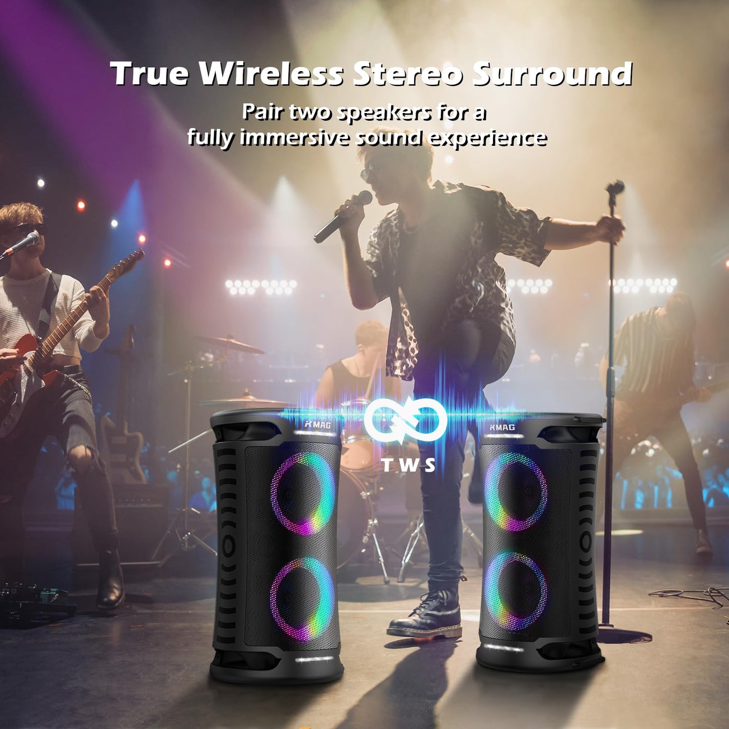 Large Party Bluetooth Speaker, 260W Peak Powerful Loud Sound with Deep Bass, 15Hr Playtime, Fast Charge, RGB Cool Light Show, TWS, Portable for Outdoor Beach, Camping, Backyard, Work, Home (Black)