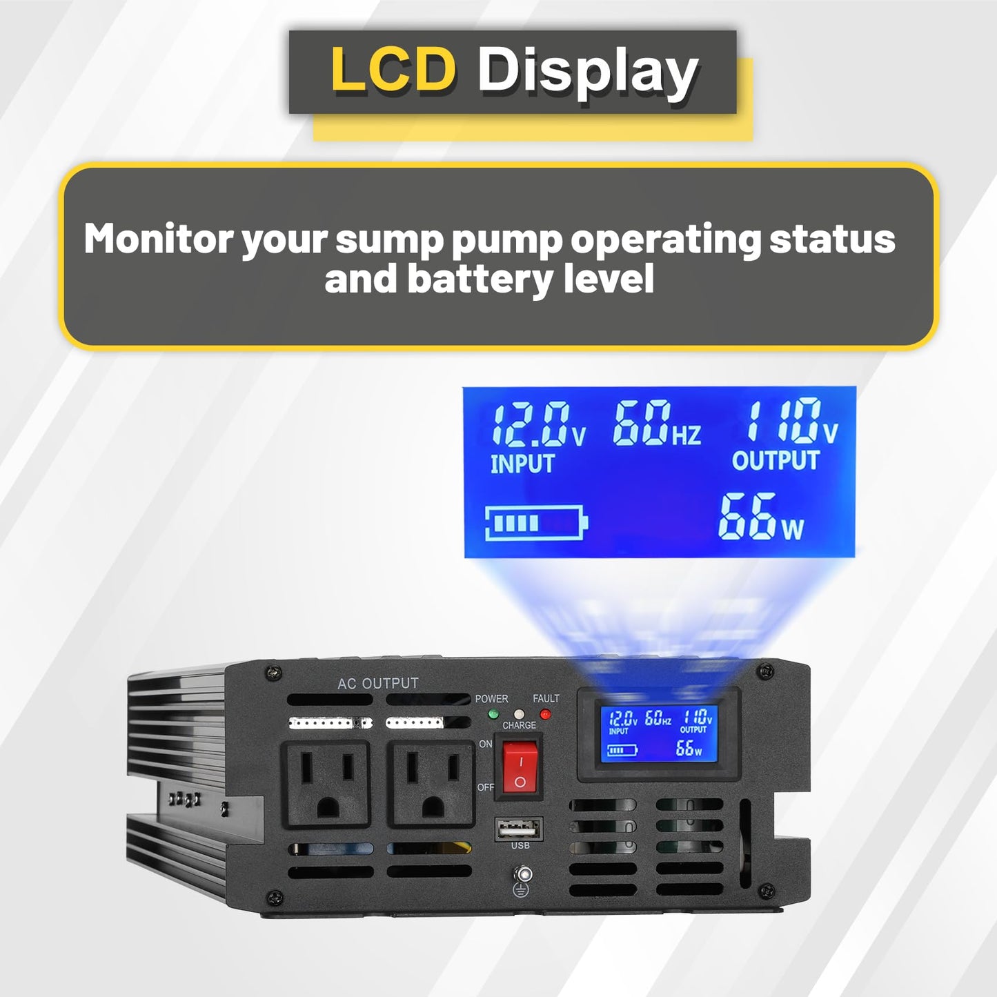 Miumoon 1500W Primary Sump Pump Backup System, Basment Protection Backup Inverter, Black, LCD Display, Auto Switches for Continuous Sump Pump Operation, Basement Emergency and Power Outage Backup