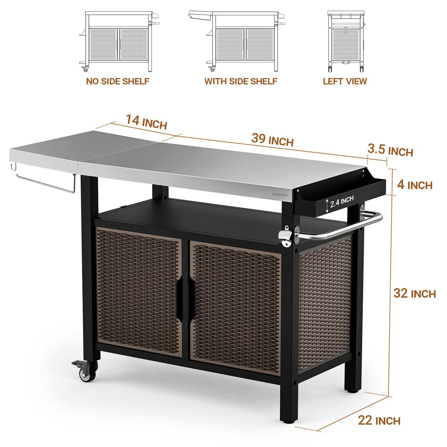 onlyfire 53-Inch Dining Cart Table Storage Cabinet with XL Stainless Steel Countertop, Rolling Kitchen Island Worktable with Side Shelf and Wheels for Indoor Outdoor