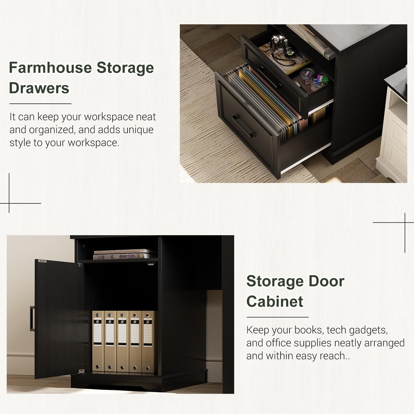 Unikito Farmhouse L Shaped Executive Desk with File Drawers, 60" Corner Computer Desk with Power Outlets, Large 2 Person Home Office Table with Storage Cabinet, Sturdy Writing Desk, Black