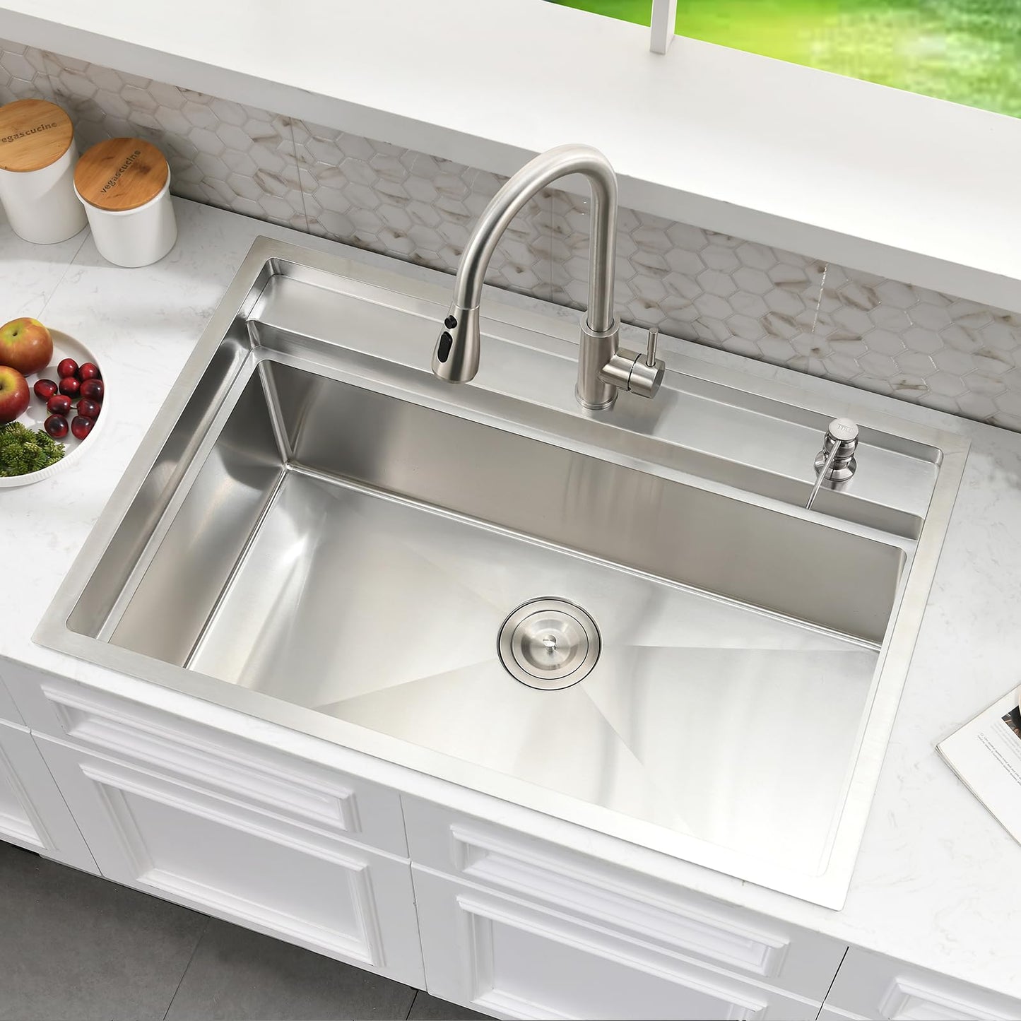 WMXQX 33 Inch Drop In Kitchen Sink Splash Guard Workstation, 33x19 Kitchen Sink Drop In Stainless Steel Top Mount Sinks 16 Gauge Rounded Corner Single Bowl 10" Deep Basin with Cutting Board