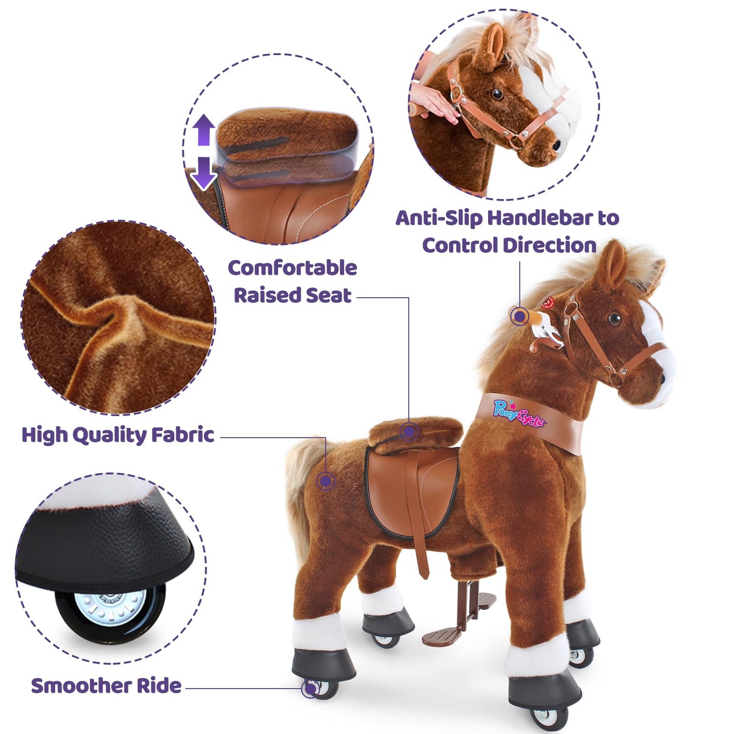 PonyCycle Kids Ride on Horse Walking Horse Toys, Classic Model U (with Brake/ 36" Height/Size 4 for Age 4-7), No Battery, Ride on Pony Animal for Indoor Outdoor Gift Brown Ux424