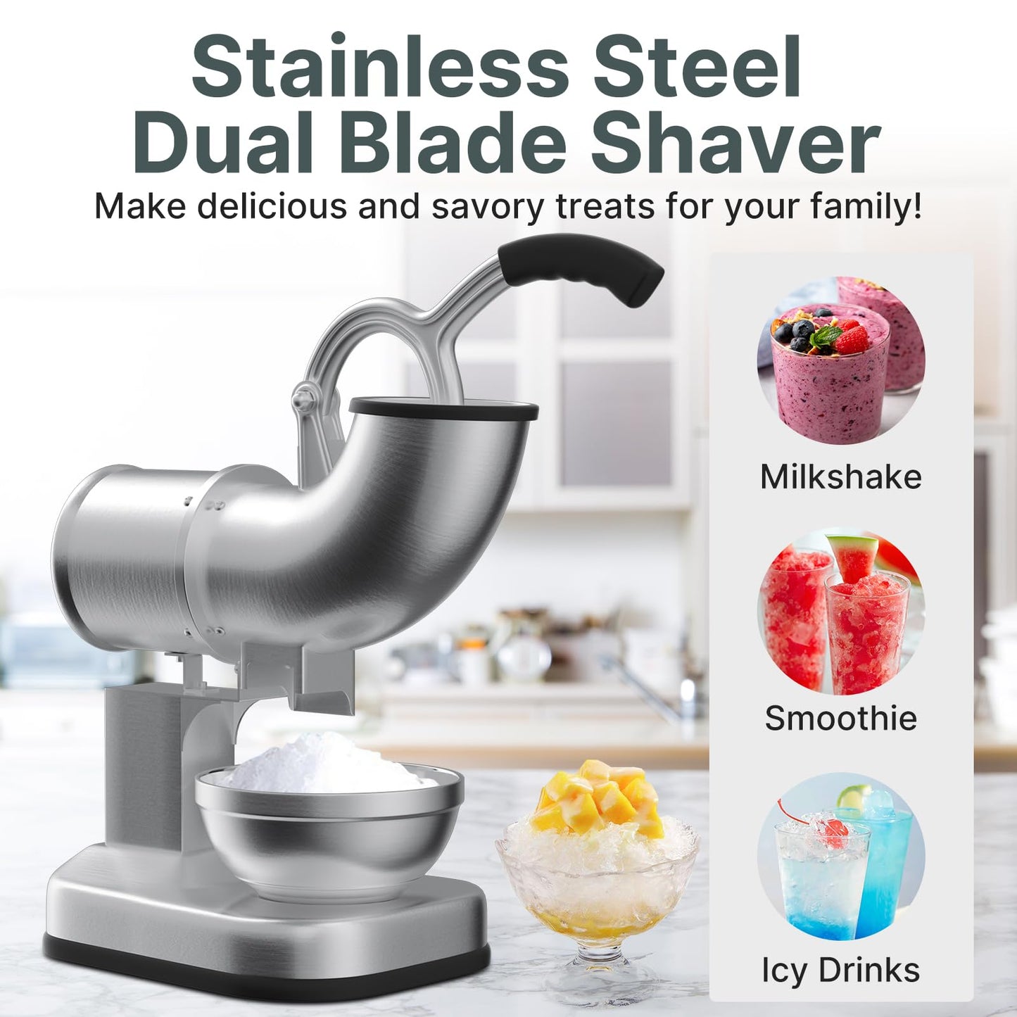 Fajiduo Electric Ice Shaver, Stainless Steel Dual Blade Ice Crusher 440LBS/H, Commercial Shaved Ice Machine, Snow Cone Machine for Home, Commercial, Restaurants, Bars, Party
