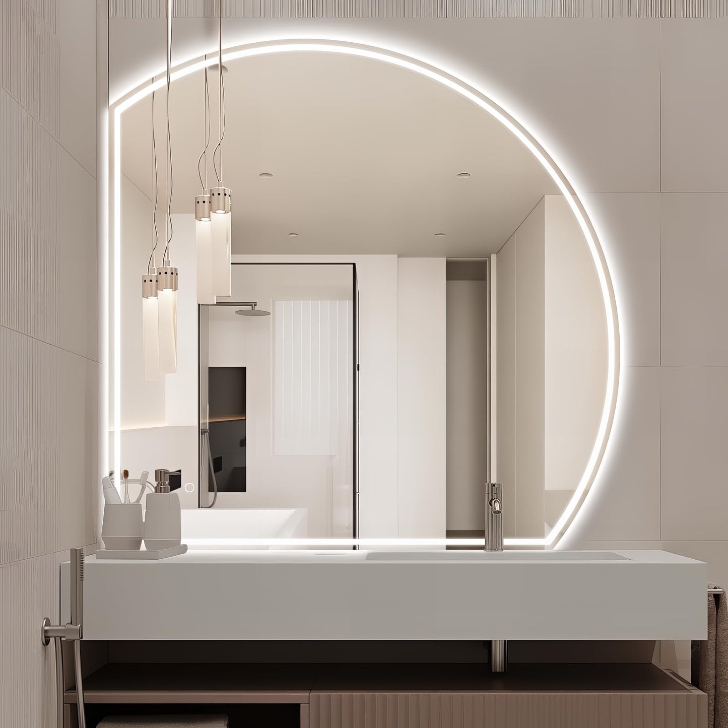Niccy 44" Half Moon LED Mirror for Bathroom, Backlit/Front Lighted, Irregular 1/4 Round Lighted Mirrors with Bedroom Wall-Mirror, Frameless-Mirror for Entryway, Anti-Fog, Dimmable, Makeup-Mirror