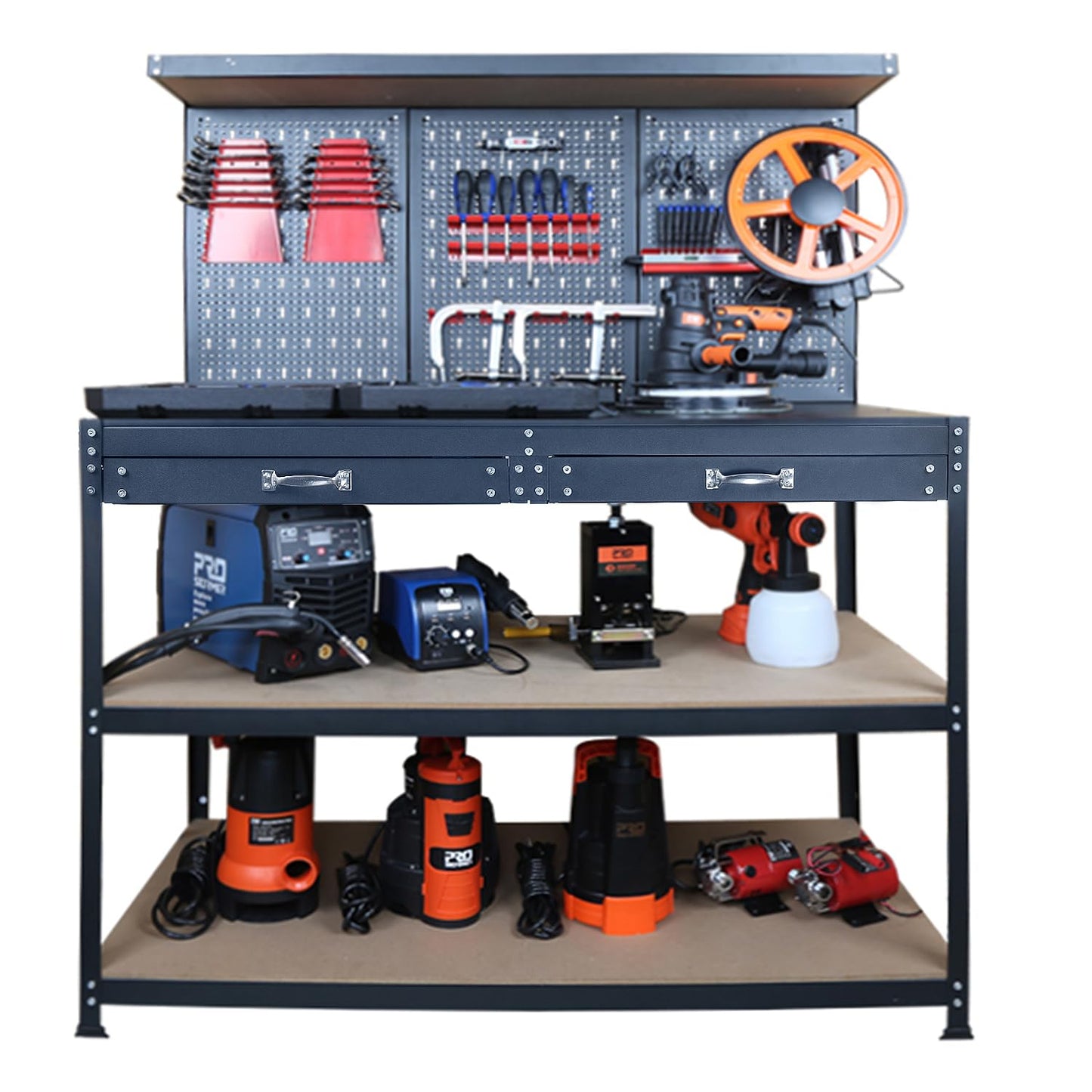 Prostormer Workbench, 47.25 inch Multipurpose Garage Worktable with Peg Board Hook Kit and Drawers for Home, Garage, and DIY Projects