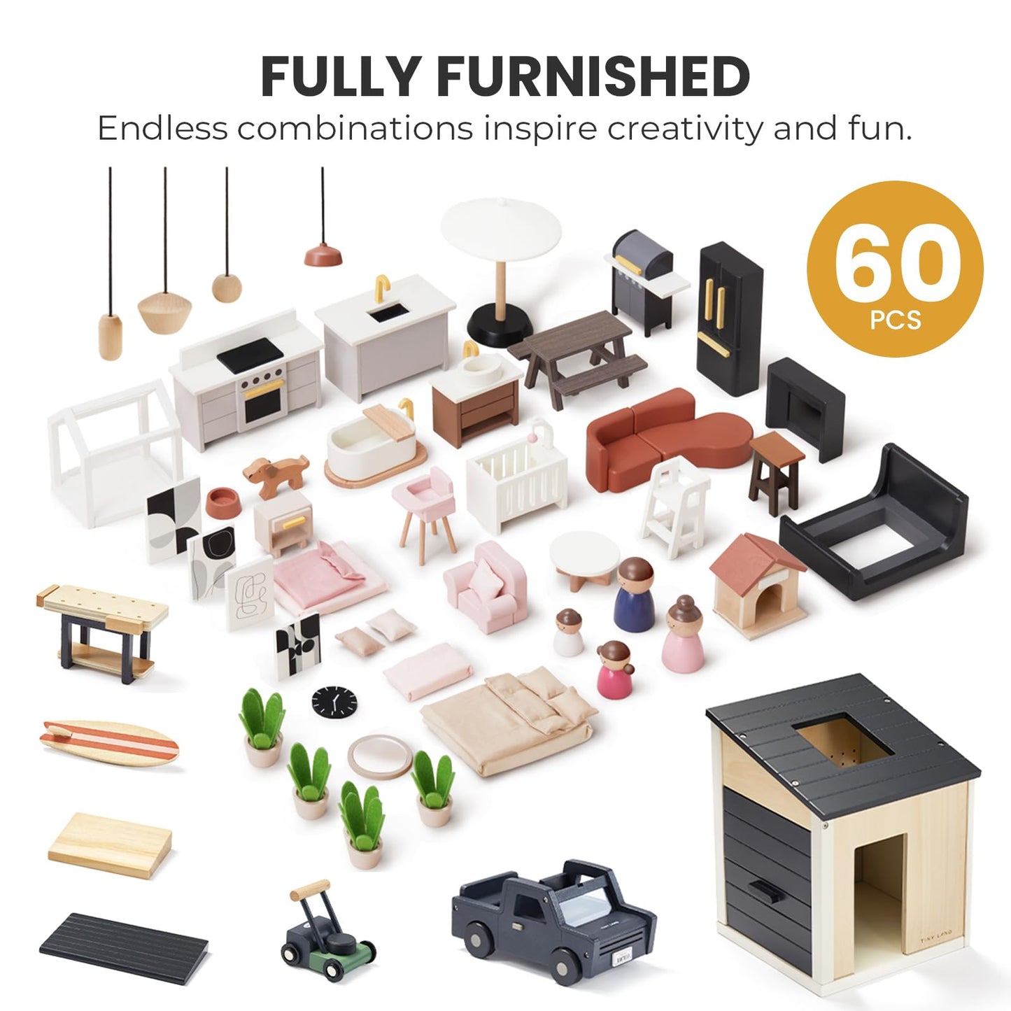 Tiny Land Modern Family Dollhouse & Wooden Dollhouse Garage Toy Set