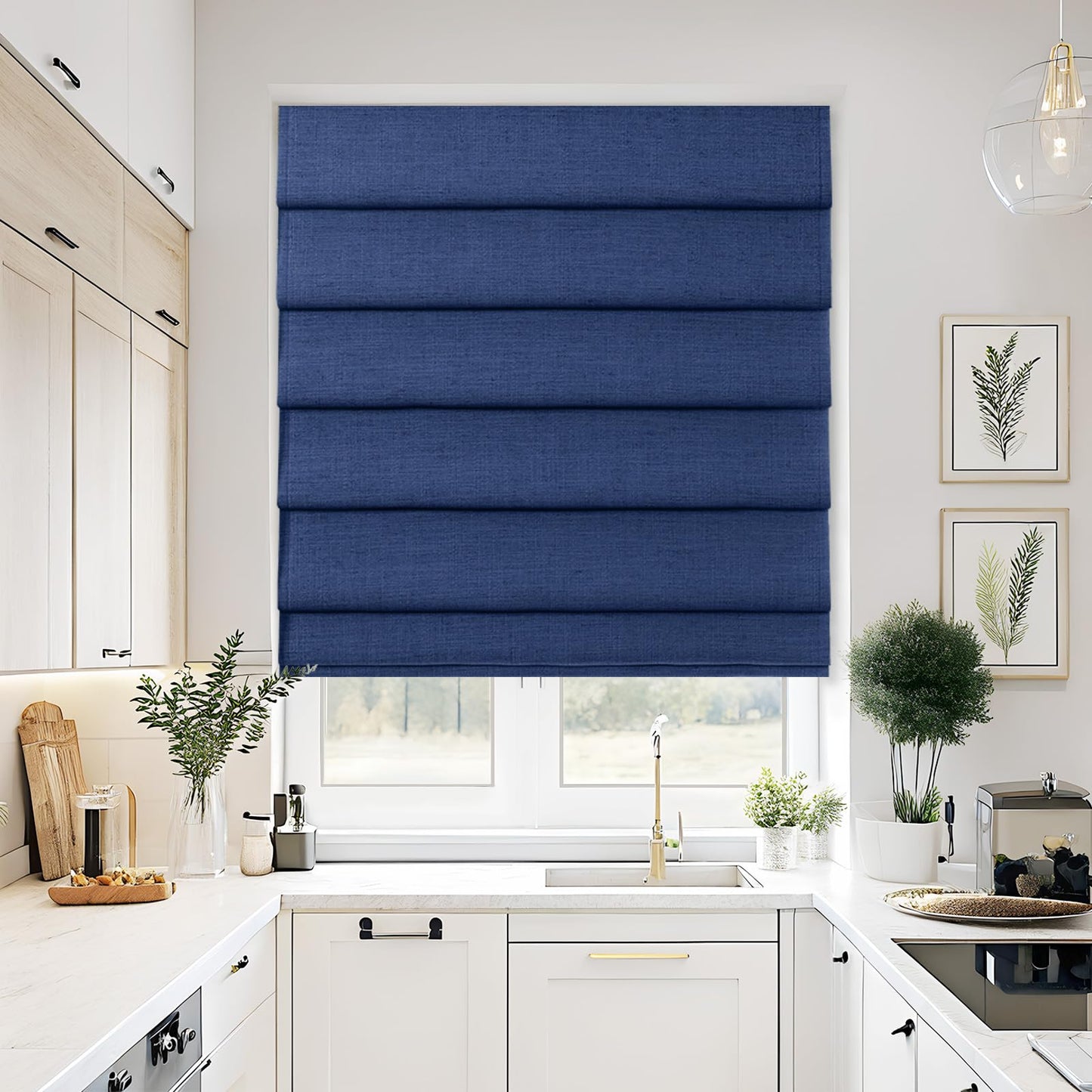 Drapifytex Navy Blue Cordless Customized Back Slat Roman Shade Faux Linen Sun Shade Roman Blind for Farmhouse Room Darkening Blind Washable Fabric Shade, 1 Piece