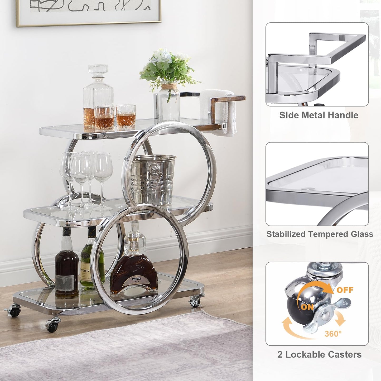 FERFALDER Home Bar Serving Carts 3 Tier Kitchen Carts on Wheels Mobile Bar Carts for Home Kitchen Dining Room Living Room Party, Chrome