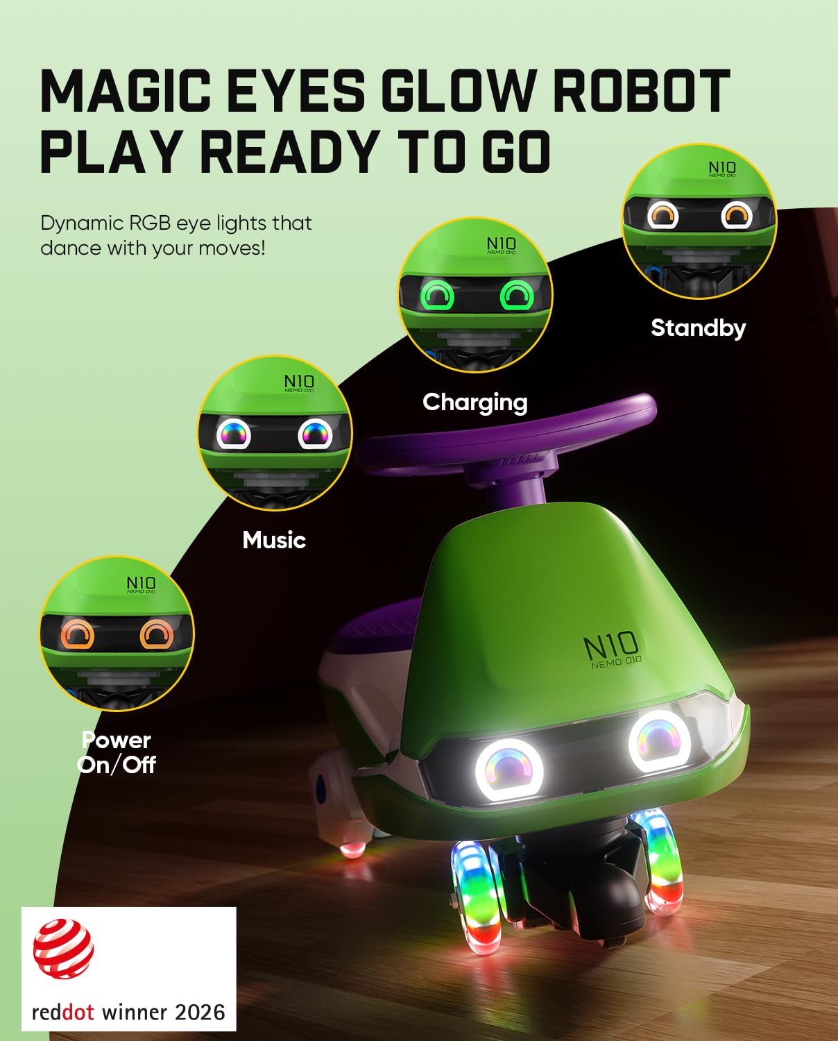 FanttikRide N10 Pro Electric Wiggle Car, USB-C Fast Charging, One-Click Detachable Mop, RGB Eye Lights, Flashing Wheels, Bluetooth, Anti-Rollover, GlideWiz, Ride on Toys for Ages 3+, 150 Lbs, Green