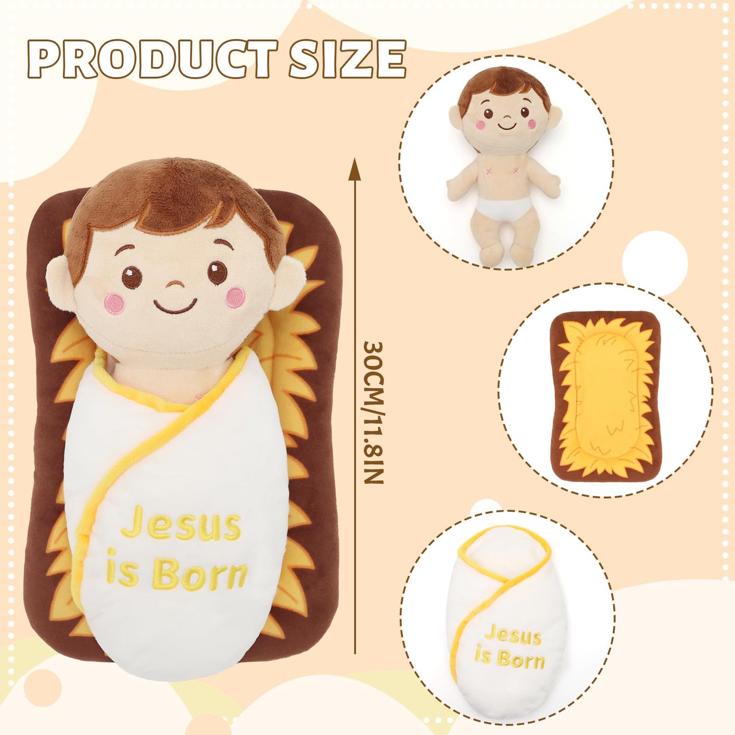 Yelakey Jesus Plush 12", Baby Jesus Plush Stuffed Doll for Nativity Manger Scene, Cute Plushie Gift Toys for Kids, Christian Stuff Religious Party Toys, Church Easter Christmas Baptisms Favors