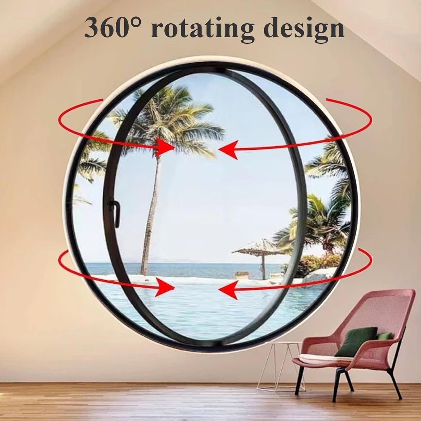 19.7IN Porthole Window with Tempered Glass,360° Circular Rotating Windows,Sliding Windows with Handle For Bathroom/Kitchen/Bedroom/Living Replacement Indoor Ventilated Windows Decorate(Black)