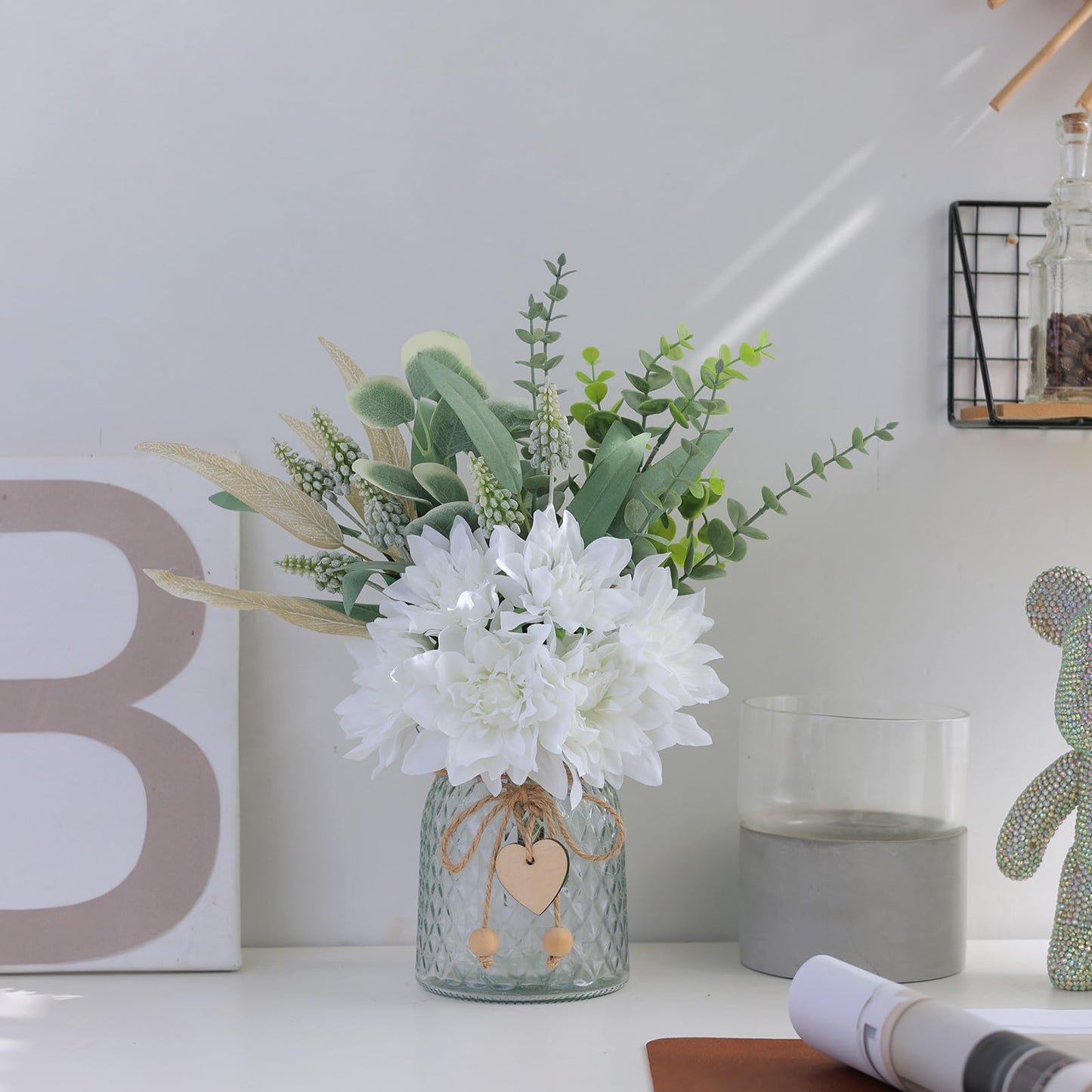 Faux Flowers with Vase,Artificial Silk Flowers in Vase, Fake Plant Eucalyptus and Willow,Flower Arrangement for Home Farmhouse kitchen Dining Table Centerpiece Decorations Coffee Table Decor (White)