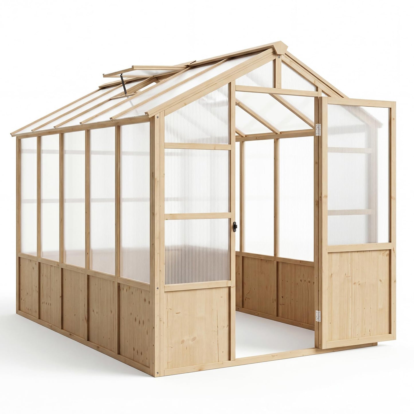 Large Wood Frame Greenhouse for Outdoor - Wooden Walk-in Greenhouse Kit with Polycarbonate Panels, Ventilated Window & Lockable Door for Garden, Backyard, Patio, Lawn, Plant House