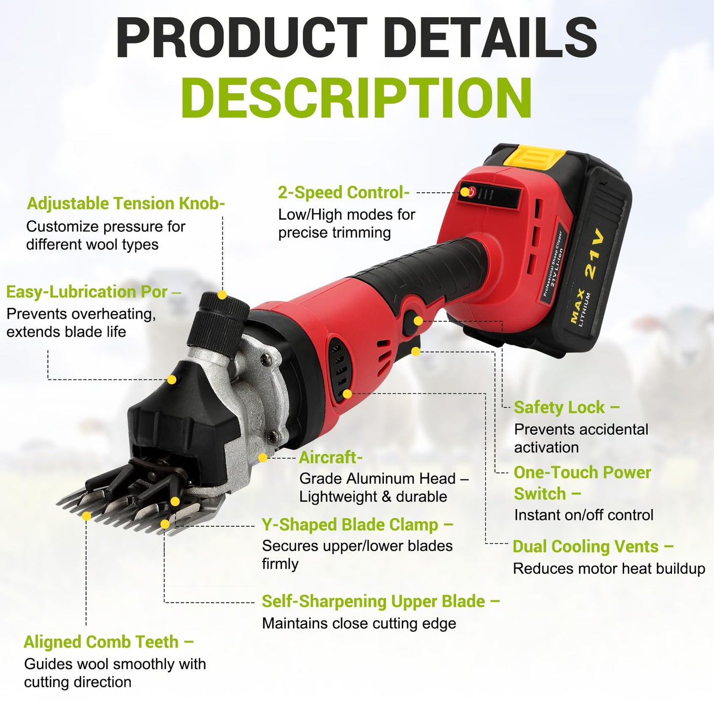Mokemok Cordless Electric Sheep Shears - 3000mAh Brushless Motor 2000RPM, 6-Speed Adjustable Clippers for Goats, Heavy Duty Rechargeable Grooming Tool with High Hardness Blade & Safety Pressing Claw