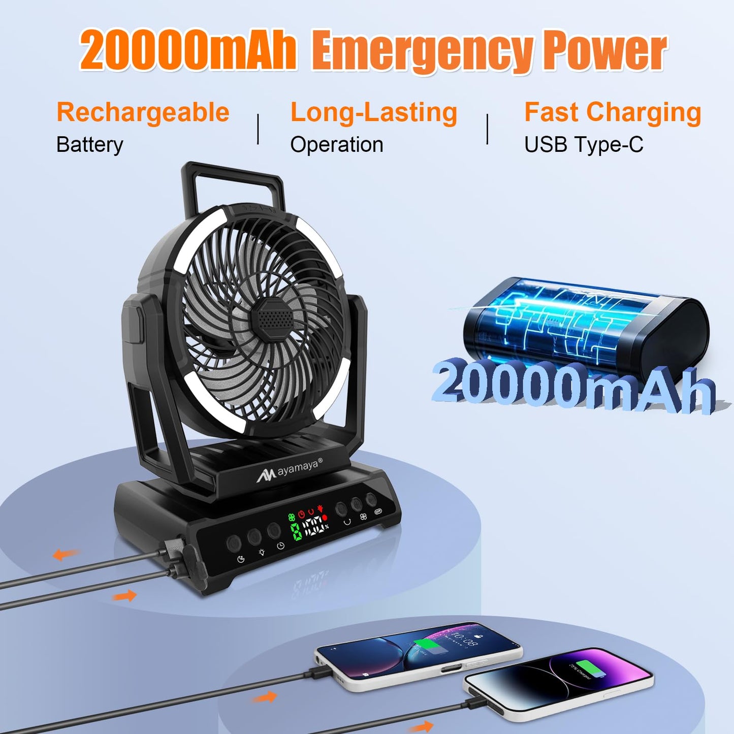 AYAMAYA Camping Fan + Air Mattress, 9 Speeds Battery Powered Fans with Digital Display, 6-6.5ft Full Size Truck Bed with Cordless Pump for Outdoor Camping, Road Trip