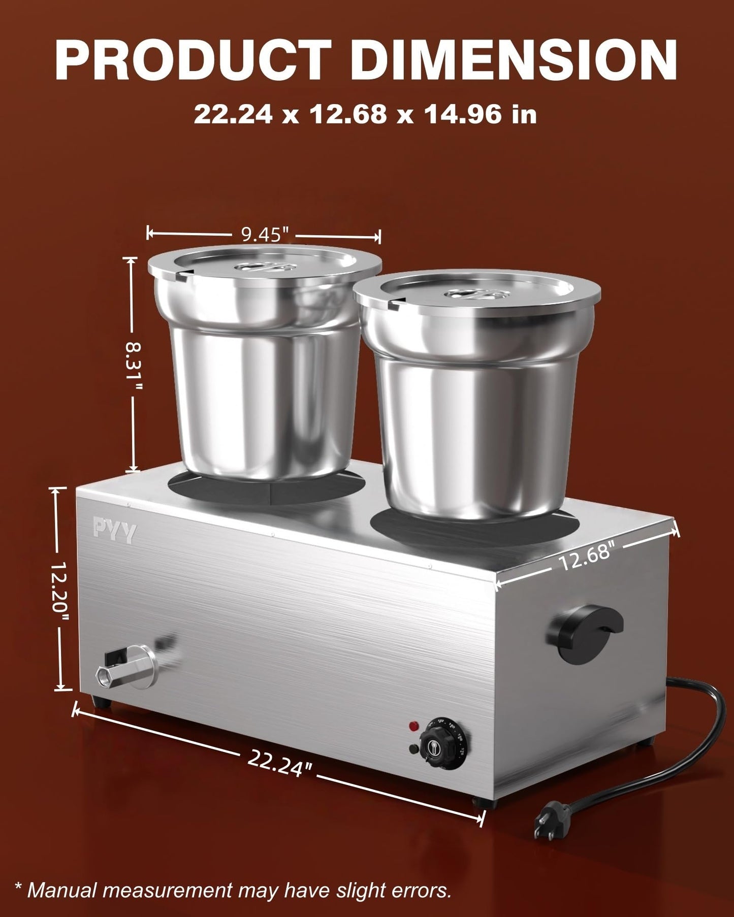 PYY Soup Warmer Commercial - Two 7.4QT Stainless Steel Bain Marie Round Pot 86~185°F Adjustable Temp, 1500W Electric Soup Warmer Countertop with Anti-Dry Burn and Reset Button for Restaurant, Buffet