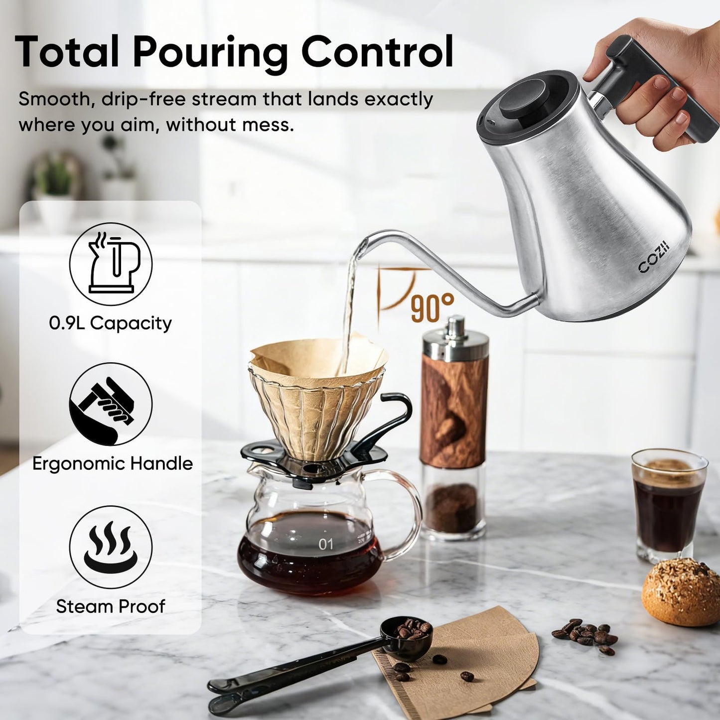 COZII Gooseneck Electric Kettle with ±1°F Temperature Control, 1200W Quick Heating for Pour Over Coffee & Tea, 0.9L Water Boiler with 24H Keep Warm & Auto Shut Off, Stainless Steel Interior, Silver