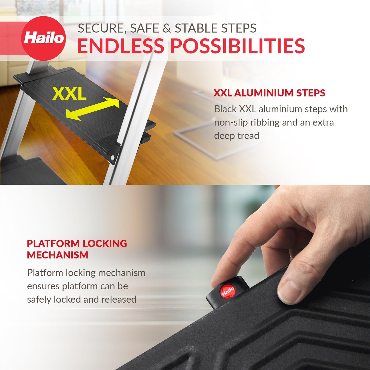 HAILO L100 Topline 8-Step Ladder – Aluminum Stepladder with Safety Bar, Tray, Locking Platform, XXL Non-Slip Steps, Hook, Strap, 330 lb Capacity, Max Working Height 146.5", EasyClix Compatible