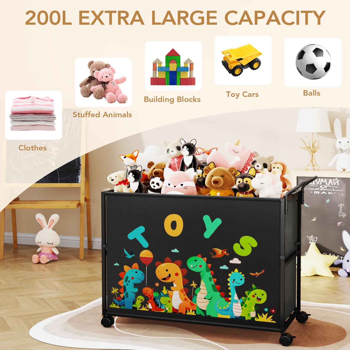 BBLIKE Toy Box for Kids - 200L Extra Large Toy Chest Storage with Wheels for Boys and Girls, Toy Organizer Bin for Stuffed Animals, Toy Basket for Bedroom, Nursery, Living Room, Playroom, Black