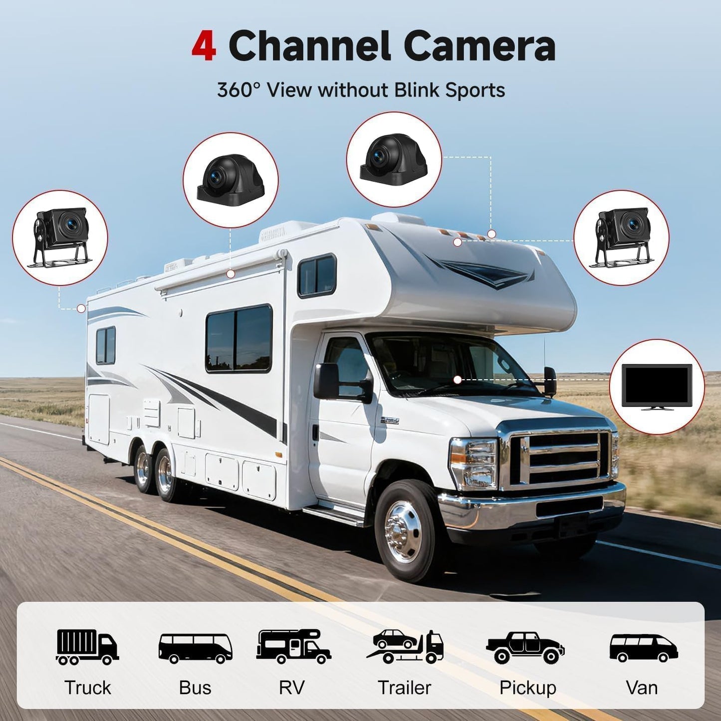 Venluna RV Backup Camera System - 10.1 Inch 4K Touchable 4 CH Monitor, 1080P IP69 Waterproof Wired Camera, DVR Loop Recording Bluetooth for Semi Truck Trailer Camper Pickup Bus