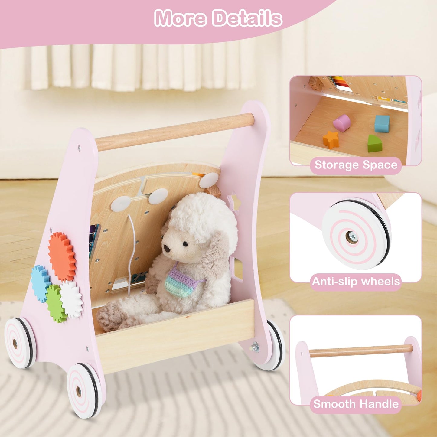 INFANS Wooden Baby Walker, Montessori Walker with Multiple Activity Toys, Storage, Push Walker Toys for Infant Learning to Walk, Sit to Stand Walker for Boys Girls