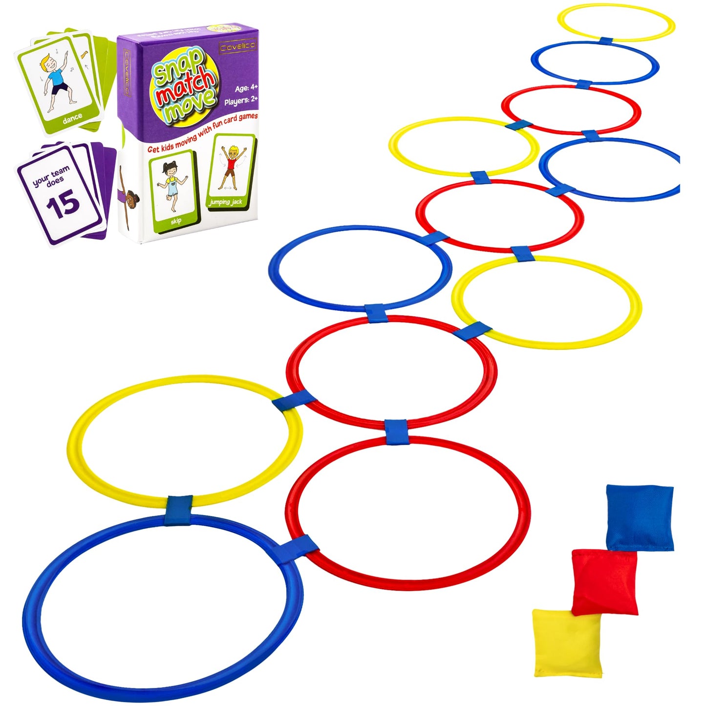 Covelico Kids Exercise Cards & Hopscotch Rings – 12 Rings + 3 Beanbags & 52 Activity Cards, Recess Toys, PE Equipment, Obstacle Course for Kids 3–5, Indoor & Outdoor