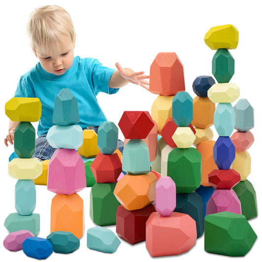 MEGRANATE 39PCS Montessori Wooden Stacking Rocks Toys Colorful Stacking Stones Building Blocks Games Sensory Toy for Toddlers Educational Learning Toys for 3+ Years Old Kids
