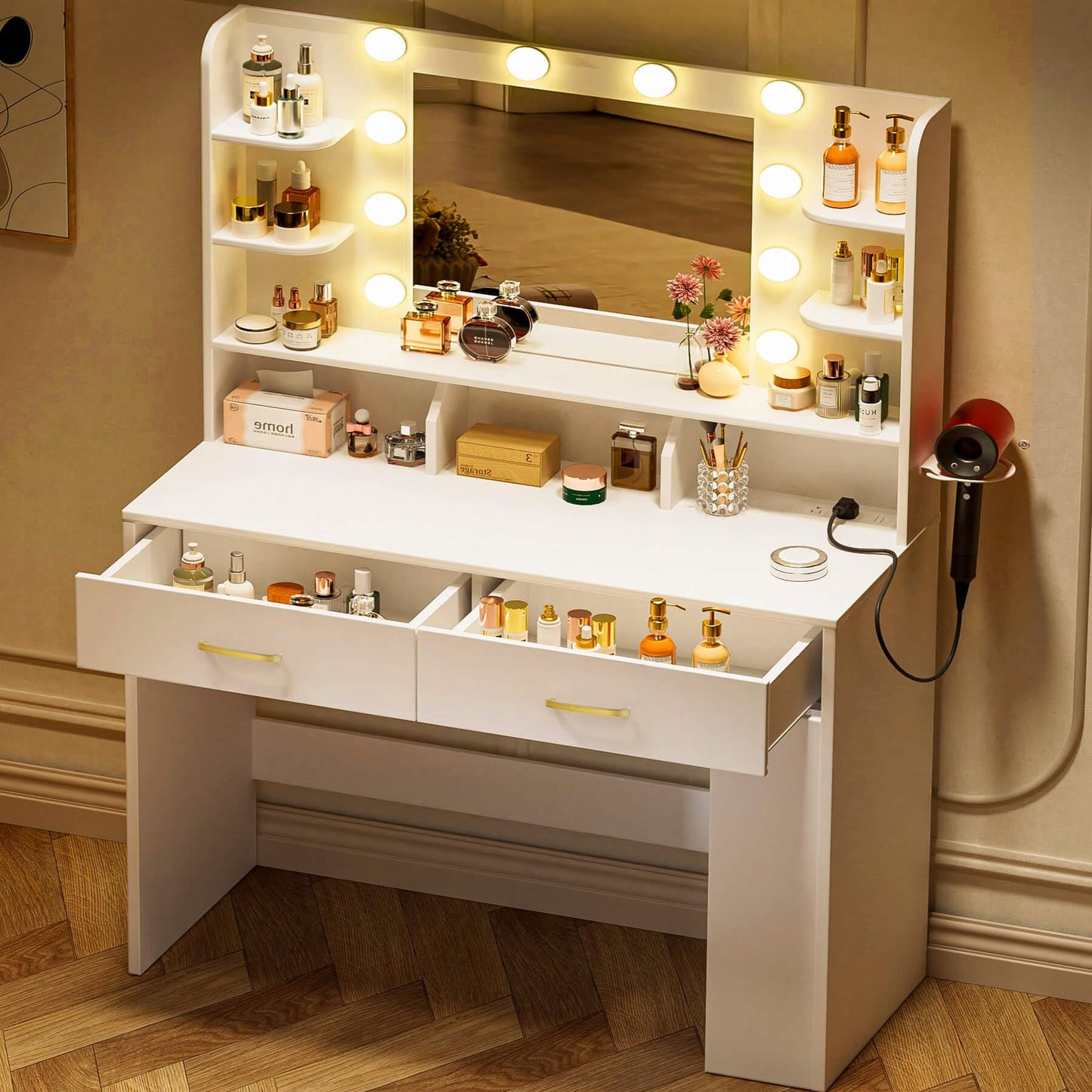 COMHOMA Vanity Desk with Lighted Mirror and Power Outlet, RGB LED Lights Makeup Vanity Set for Girls, Large Storage Capacity Dressing Table for Bedroom, 3 Lighting Modes Adjustable Brightness, White