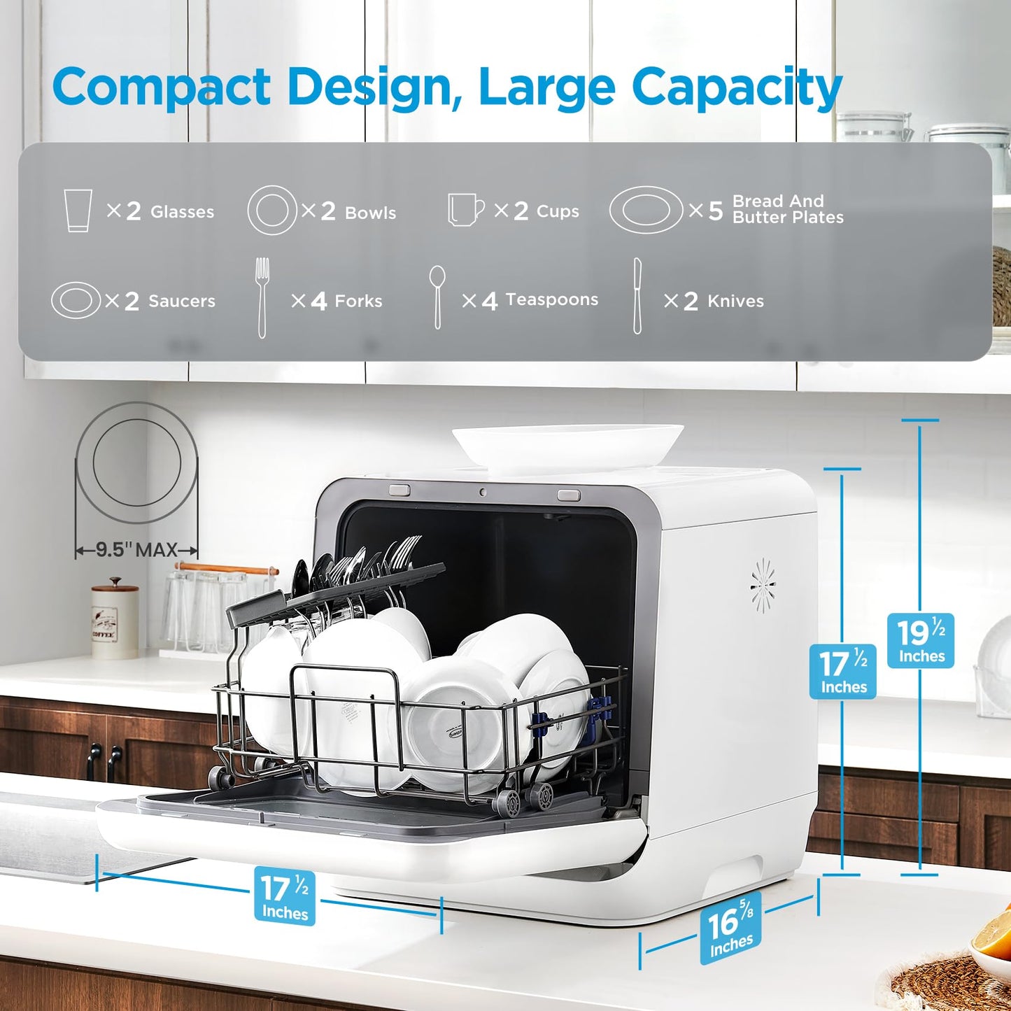 Midea MDC17P4CWW Portable Countertop Mini 1.32Gal Built-in Water Tank, Baby Care, No Hookup Needed, 360° Dual Spray,High-Temp wash, Dishwasher for Apartments& RVs, White, Whole