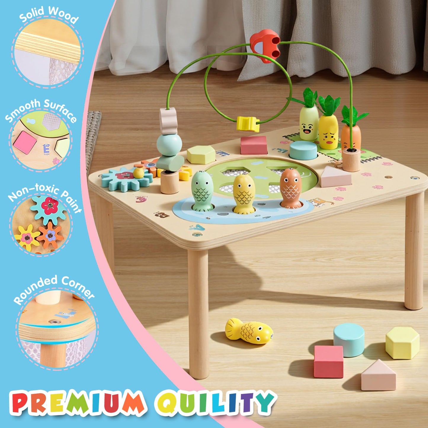 WINGYZ Activity Table, 6 in 1 Wooden Montessori Activity Center with Bead Maze Shape Sorter Fishing Game, Kids Sensory Play Table Toddler Toys 1st Birthday Gifts Boy Girl(Morandi)