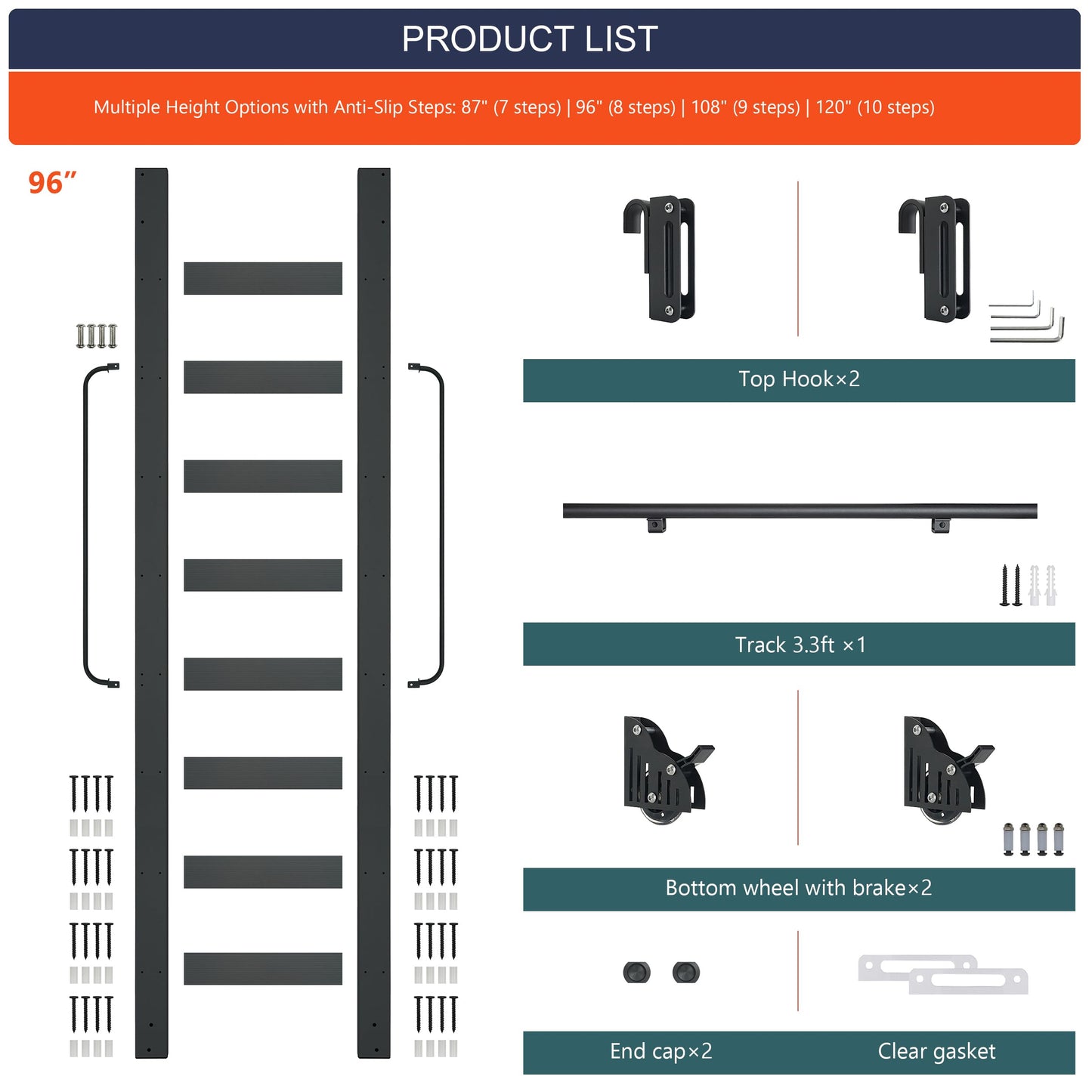HARDJULAN 96" Telescopic Sliding Library Ladder with Handrail – Lightweight Aluminum Rolling Ladder with Braking Wheels, 4FT Hook Ladder Track Kit for Home, Loft, and Bookshelves