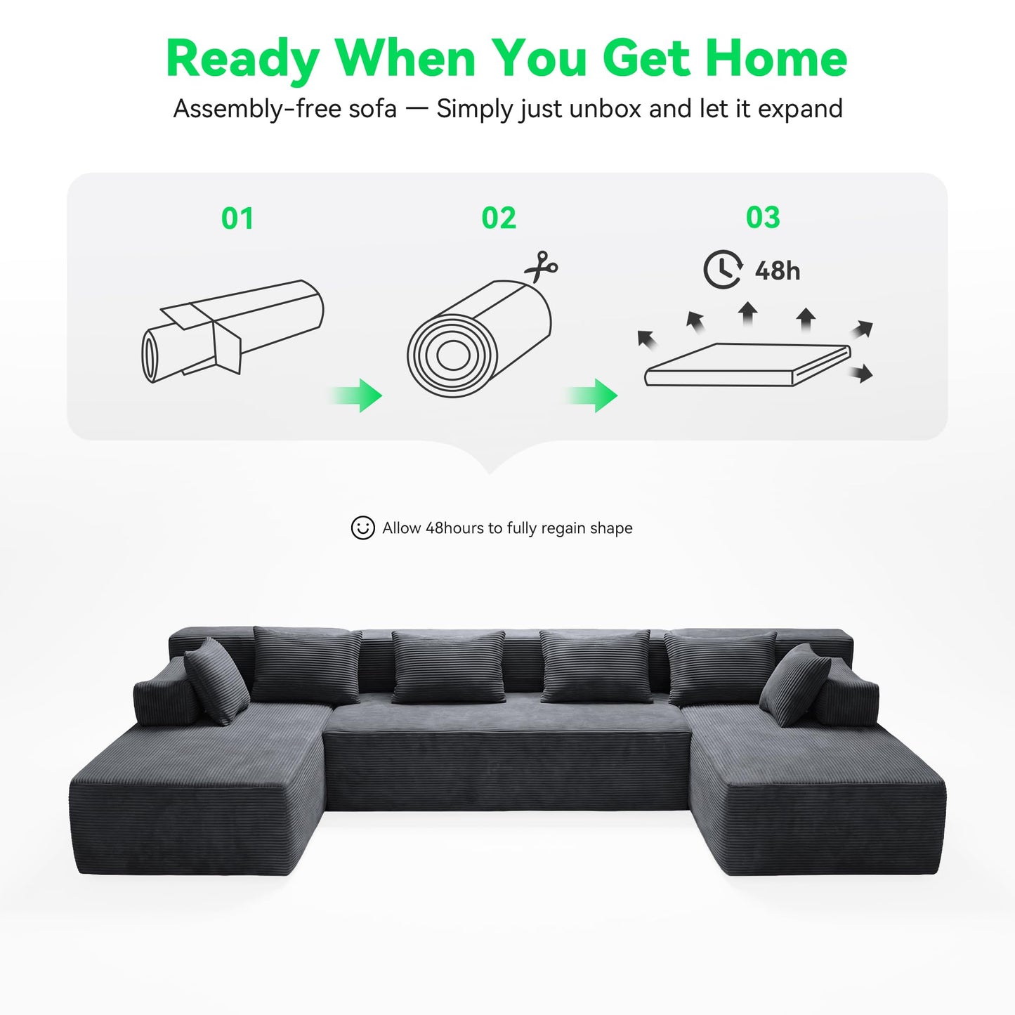 MONVANE 141'' Modular Sectional Sofa, PRO Version U-Shape Boneless Couch, Oversized Deep Seating Cloud Couch, No Assembly, High-Resilience Foam, Soft Corduroy Fabric, for Living Room Apartments Grey