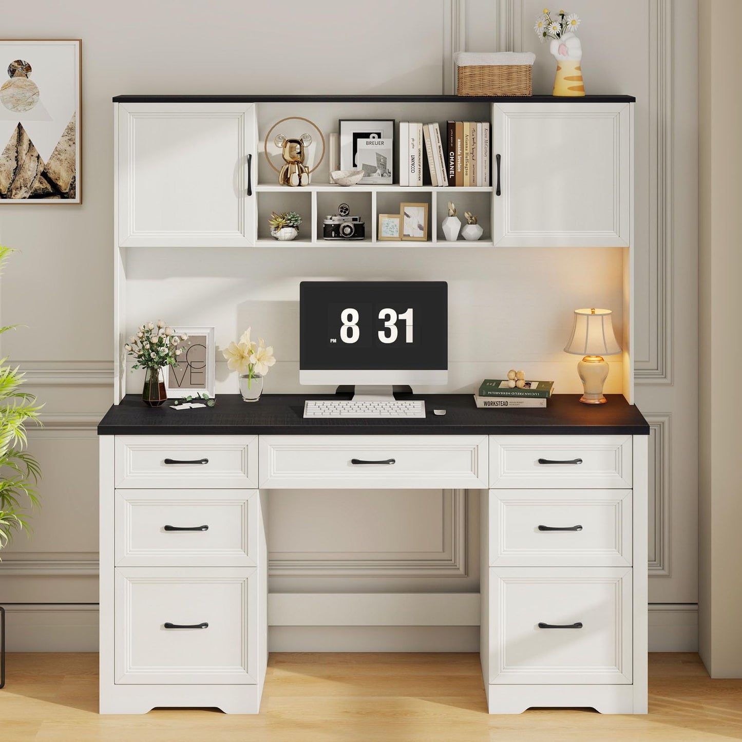 Vabches Farmhouse Executive Desk with 7 Drawers and Storage Cabinet, Rustic Large Home Writing Desk with Hutch, Workstation for Bedroom, Black