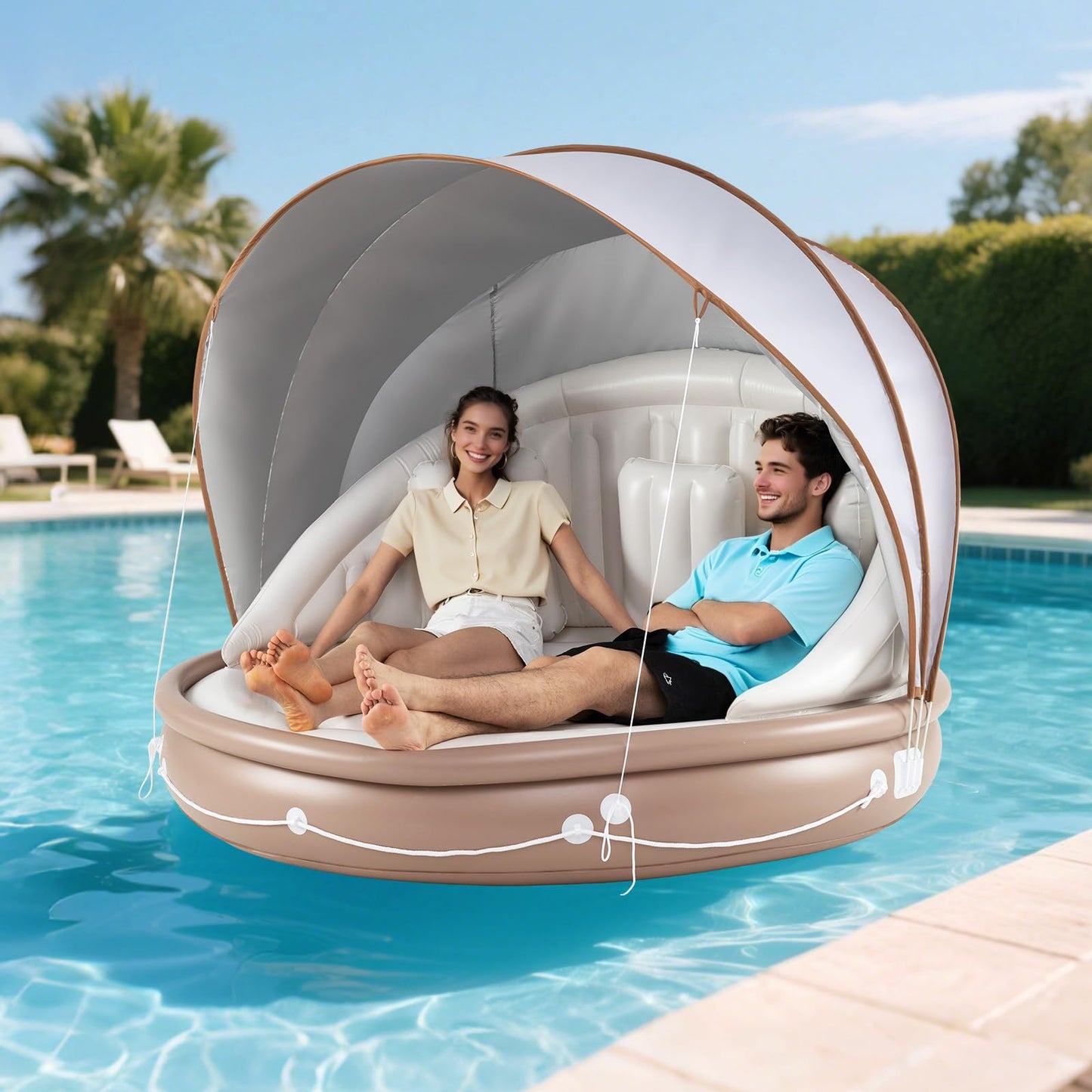 SPORFIT Tanning Pool Lounger with Canopy, 73" Inflatable Floating Island 2 Person w/UPF 50 Detachable Sunshade, Comfy Backrest & 3 Pillows, 440LBS Max Load, Pool Floats Adult for Lake Beach Backyard