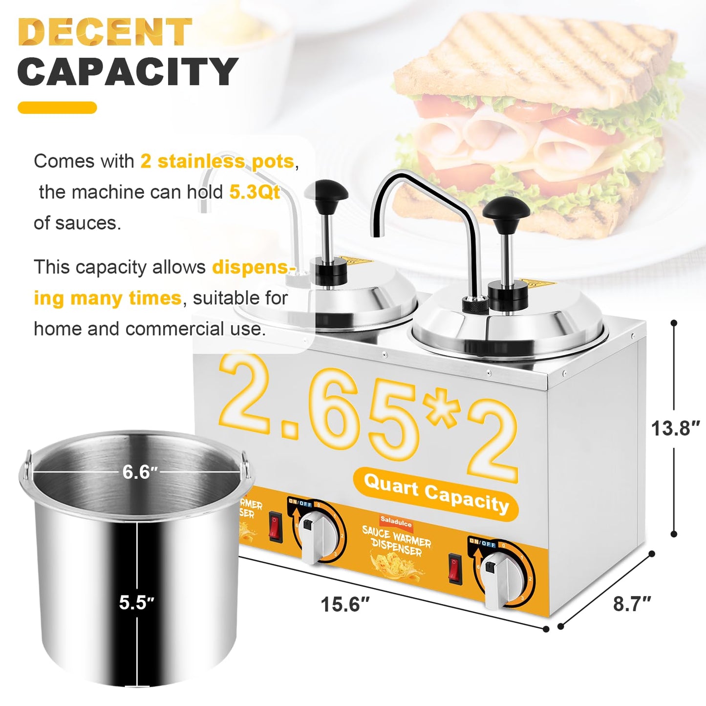 Saladulce Nacho Cheese Dispenser Warmer 5.3Qt Electric Cheese Pump with 9 Stickers&Cleaning Kits, Insulated Dispenser Pump for Cheese Fudge Caramel 86-185℉ 110V