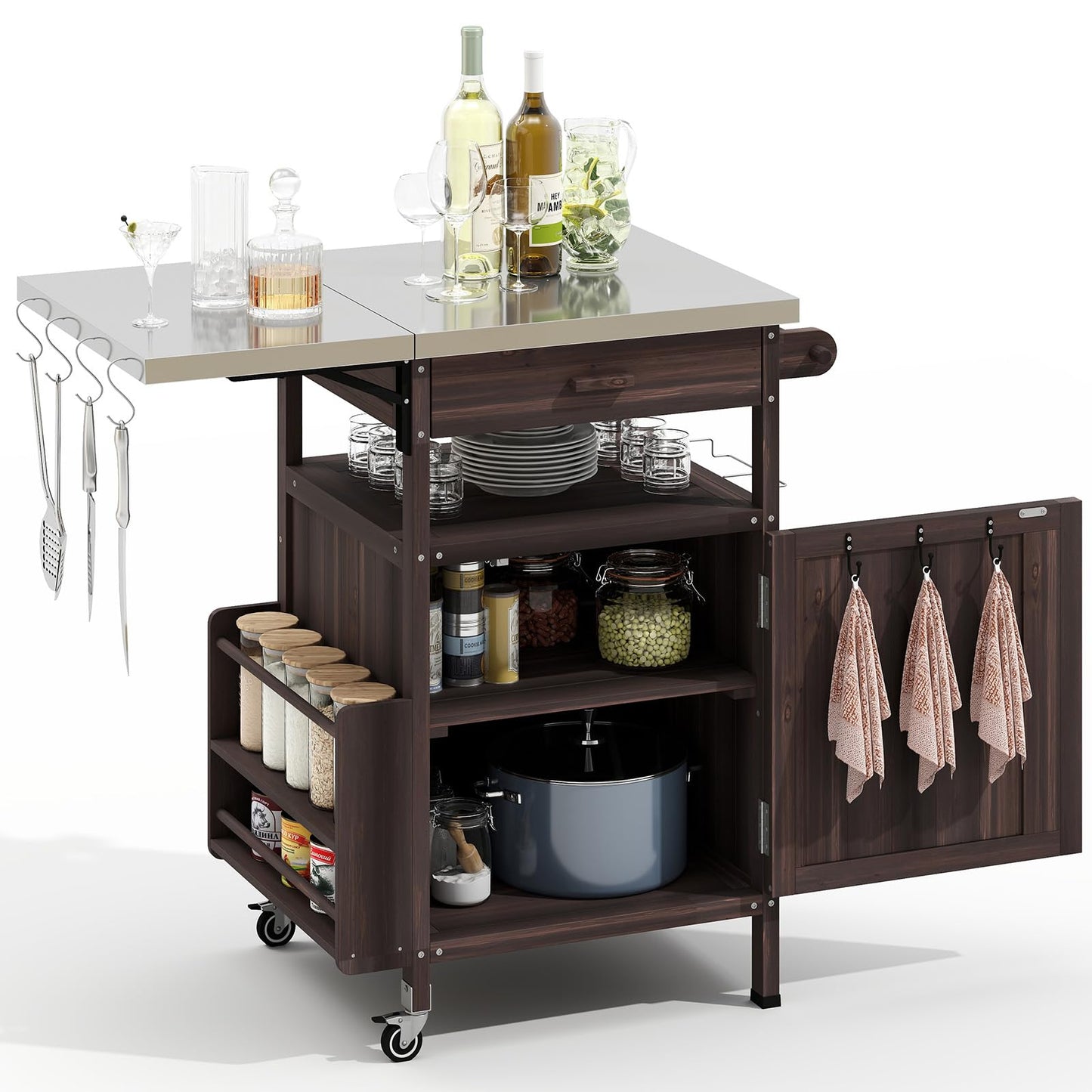 Zevemomo Outdoor Grill Cart with Drop Leaf, Stainless Steel Tabletop Outdoor Kitchen Island, Solid Wood Outdoor Buffet Cabinet with Drawer, Towel Rack, Lockable Wheels for Grilling, Brown