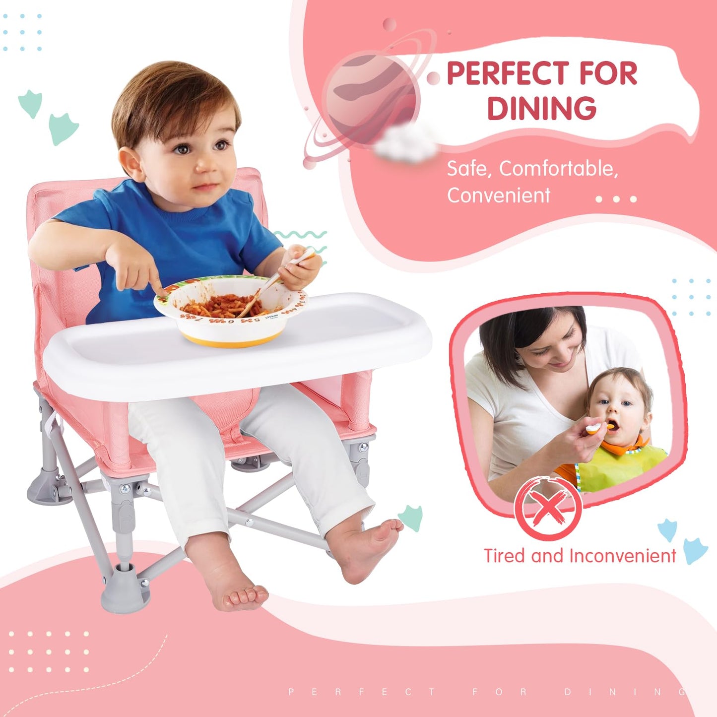Furmubei Portable Baby Booster Seat with Tray, Toddler Booster seat for Dining, Camping, Travel, Baby Beach Chair 6 Months to 3 Years Old Indoor Outdoor Use Pink