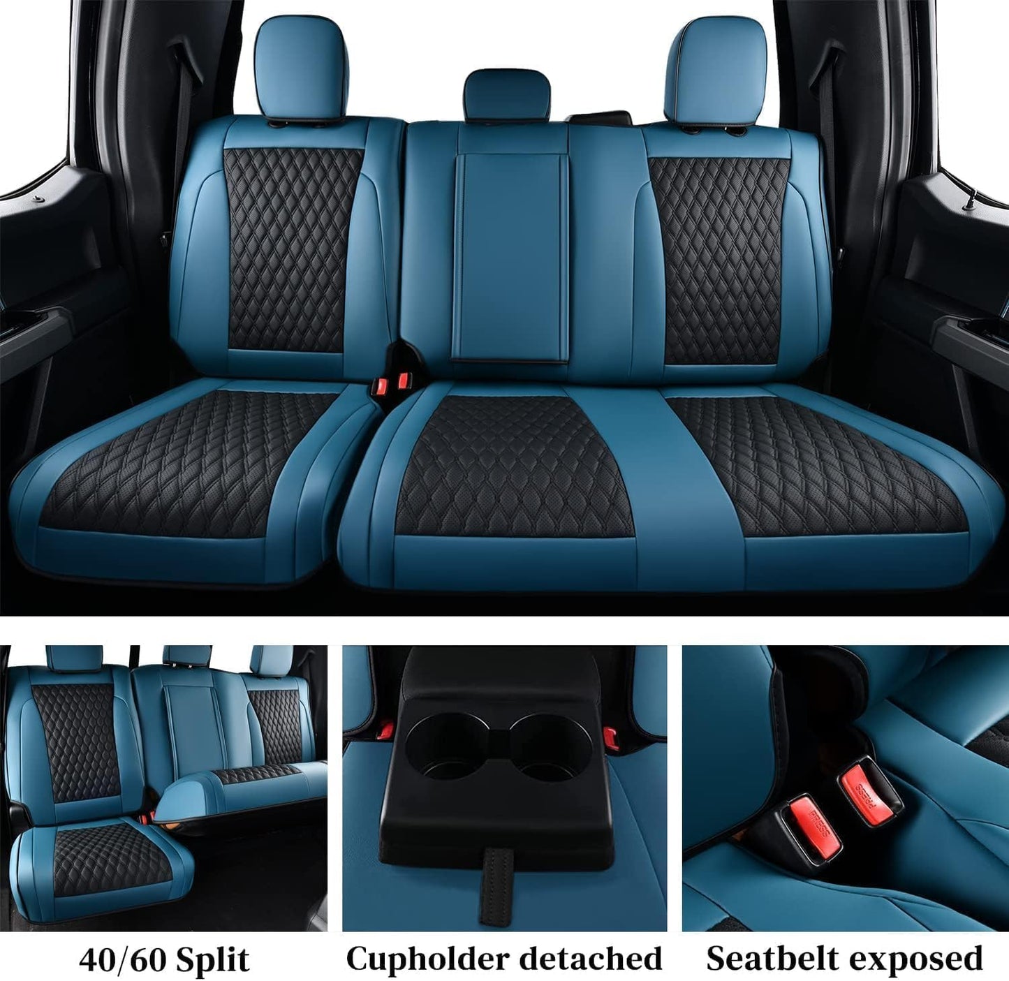 Coverado Waterproof Faux Leather Seat Covers Full Set for Ford F150 2015-2025 SuperCrew & F250 F350 F450 2017-2025 Crew Cab, Compatible with XL XLT Lariat King Ranch, Blue Interior Truck Accessories
