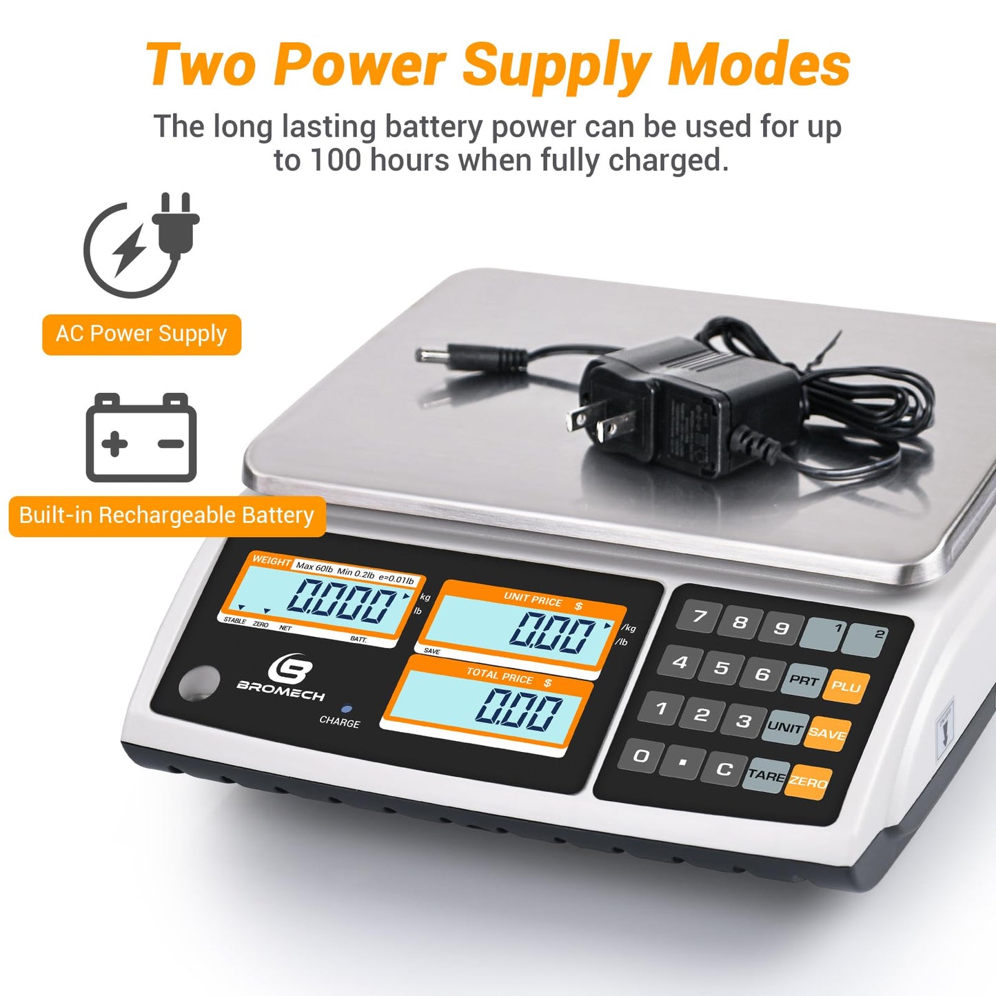 BROMECH Price Computing Scale NTEP Certified for Legal Trade Rechargeable, Commercial Grade with Dual LCD Display, 60lb Stainless Steel Platform for Meat Shop, Deli, Produce Farmers Market COC#21-001