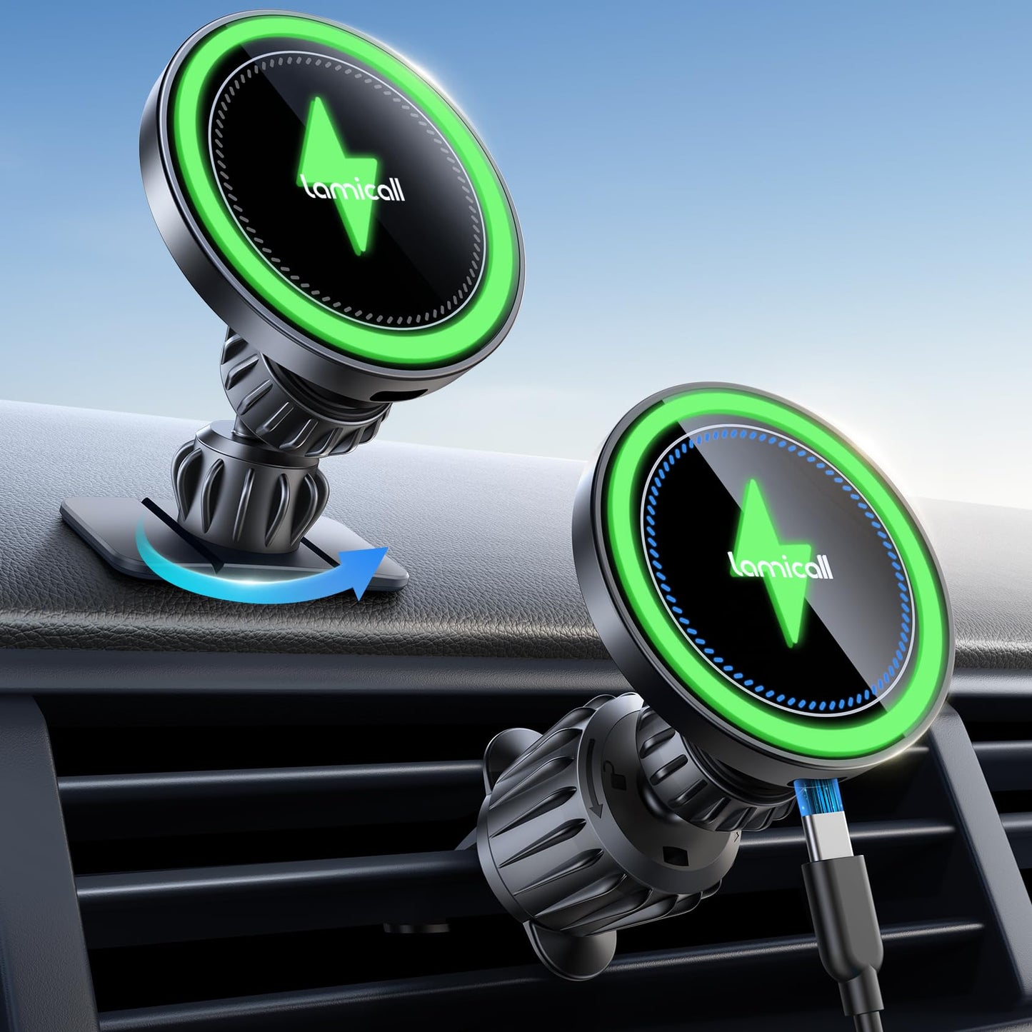 Lamicall 15W for Magsafe Car Mount Charger - [3-in-1 Upgraded Intelligent Chip] 360° Wireless Car Phone Holder Charger Vent Dashboard Magnetic Phone Holders for Your Car for iPhone 16 15 Pro Max