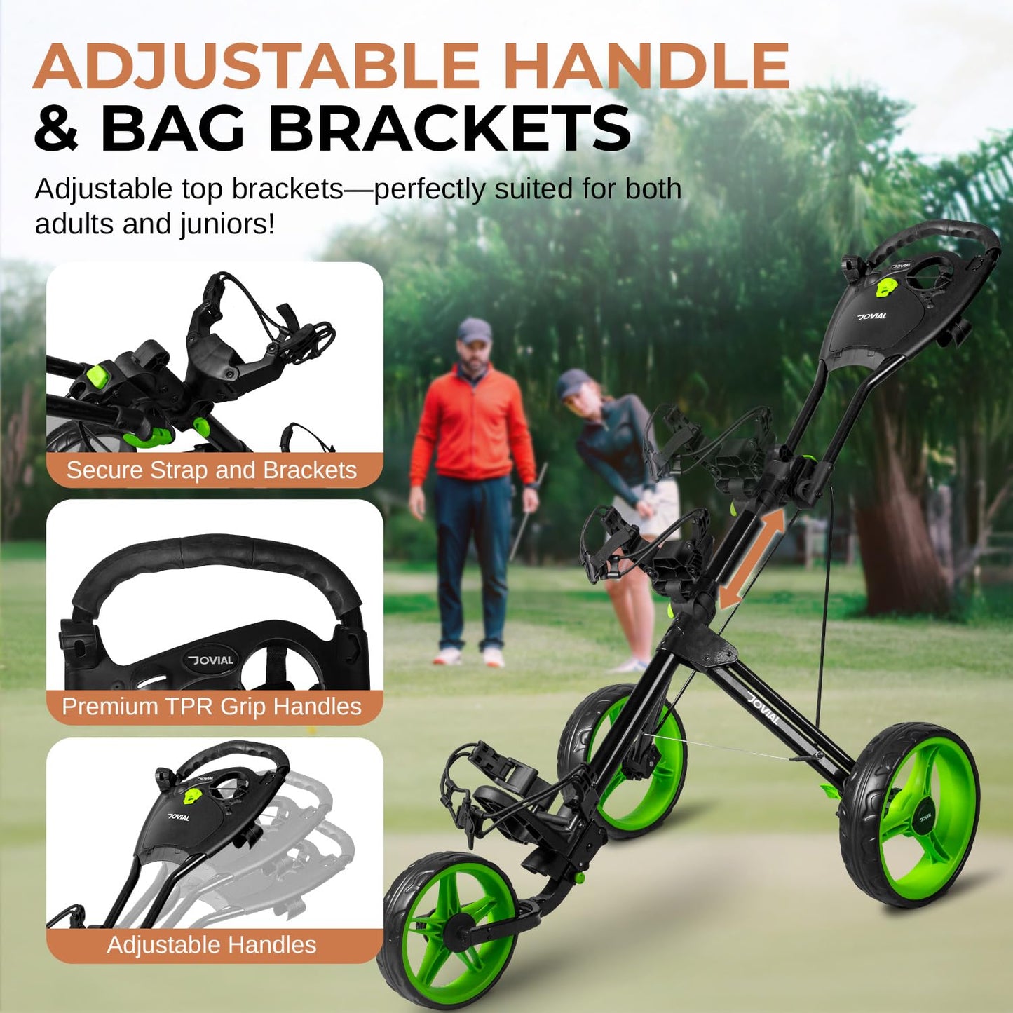 JOVIAL Junior 3-Wheel Golf Push Pull Cart – Lightweight Foldable Aluminum Frame with Deluxe Scorecard Holder, Padded Adjustable Handle, Bag Holder Straps, Quick Braking System & Compact Storage