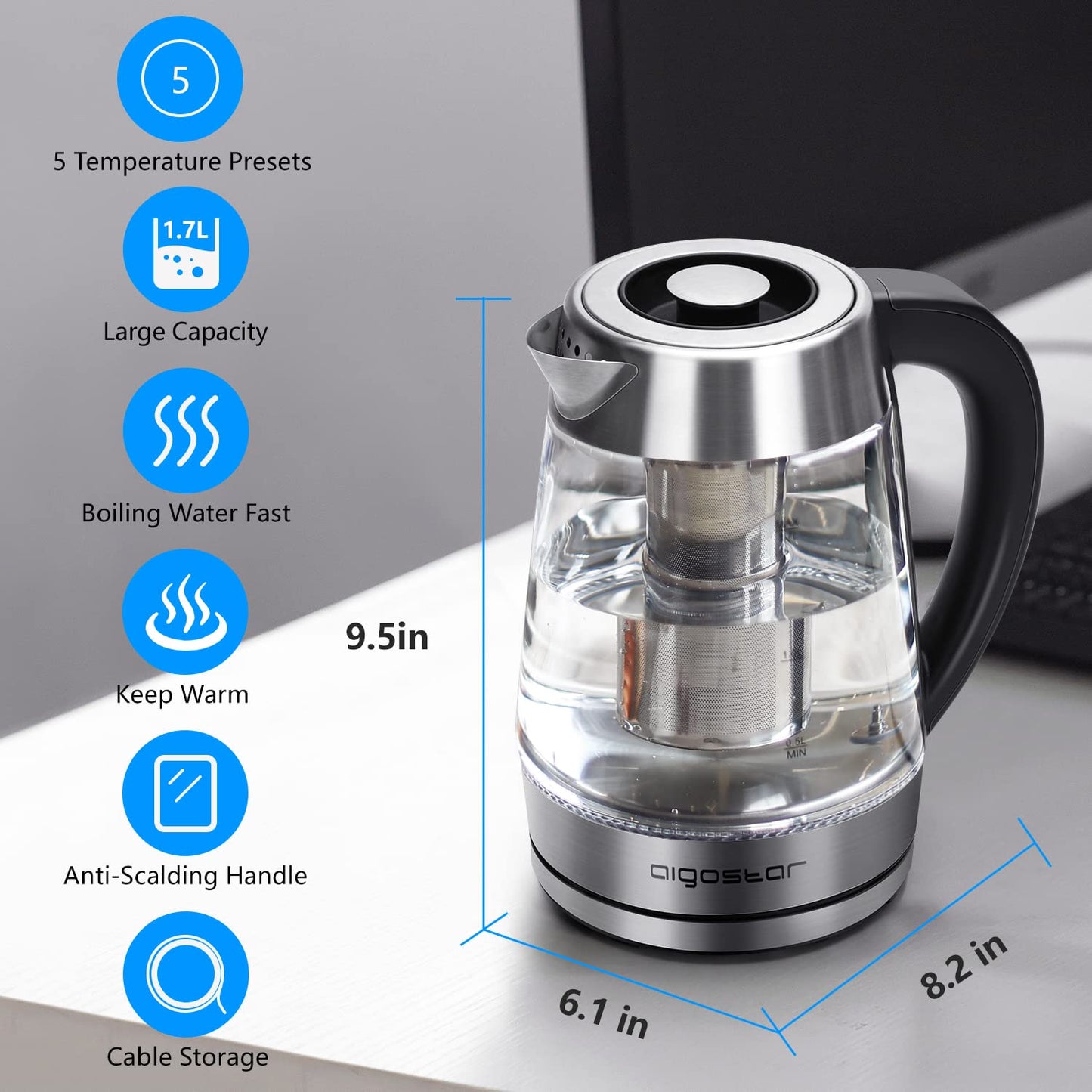 Aigostar Electric Kettle, Tea Kettle with Temperature Control and Tea Infuser, 1500W Hot Water Kettle with Variable Temperature, Keep Warm Function, LED Indicator Light Change, Auto Shut-Off, 1.7L